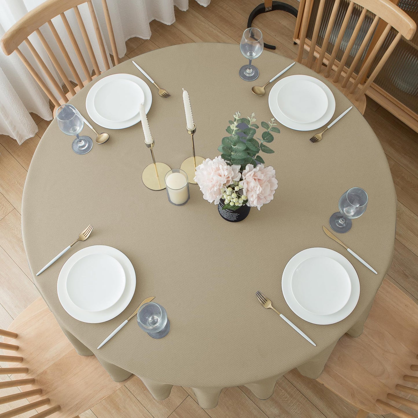 Biscaynebay 2 Pack Textured Fabric Round Tablecloths 60'' for Tables diameters from 28" to 48", Natural Table Cloth Water Resistant Small Folding Table Covers for Dining Kitchen Wedding Parties