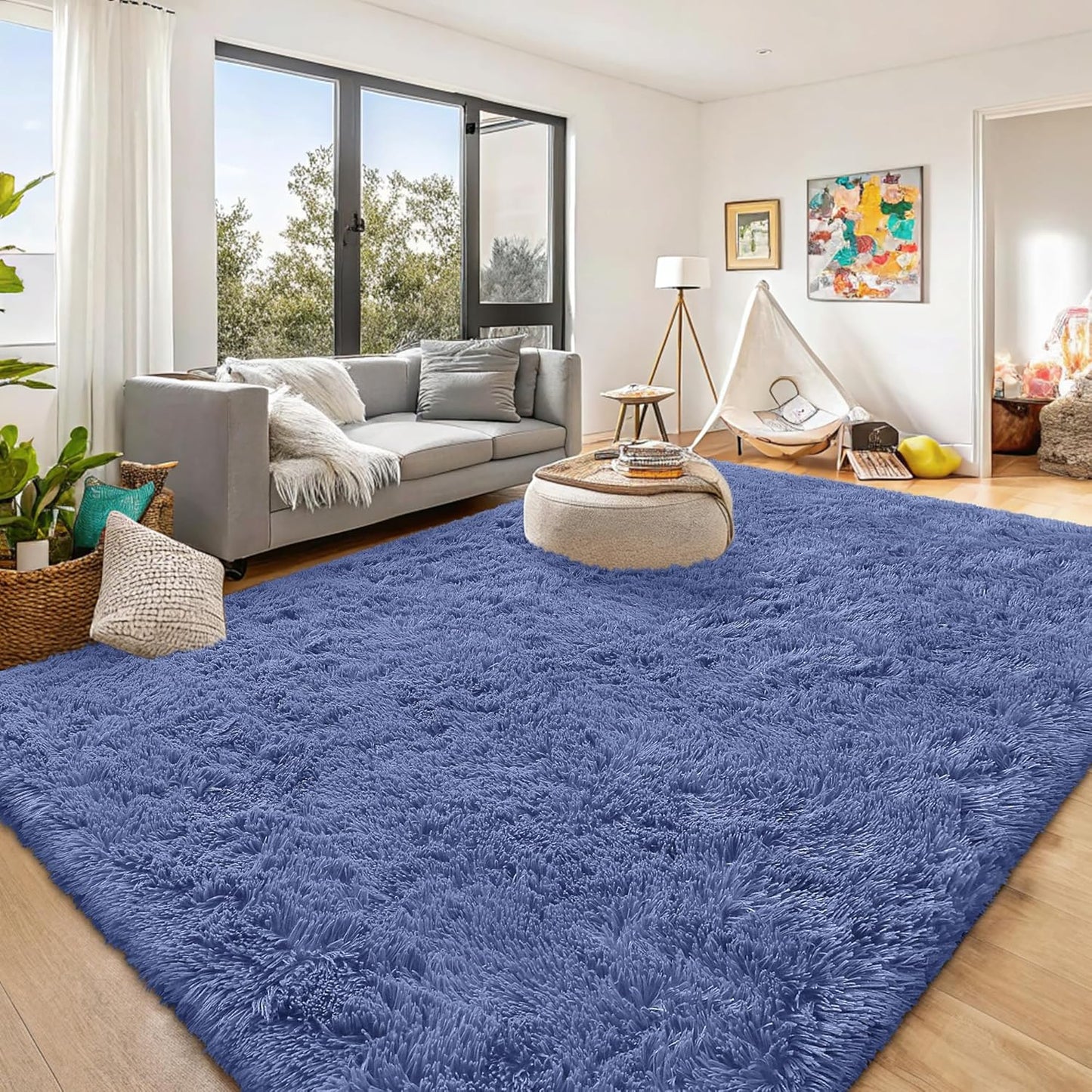 OLANLY Large Area Rug - Soft Fluffy Shaggy Indoor Carpet for Living Room & Bedroom | Denim Blue, Machine Washable
