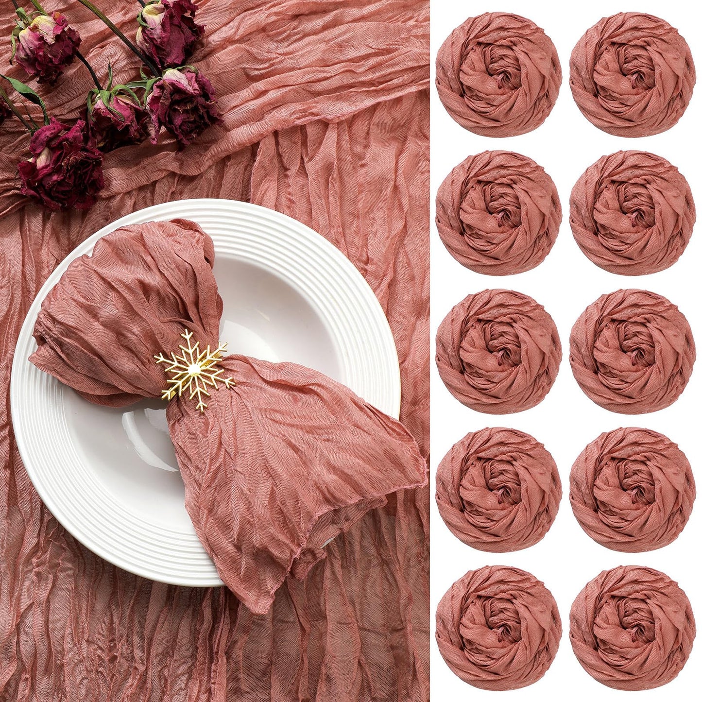 Mixweer 54 Pack Cheesecloth Napkins 20 x 20 Inch Washable Gauze Napkins Wrinkled Boho Cotton Dinner Table Decor for Wedding Bridal Baby Shower Birthday Party Easter(Pink)
