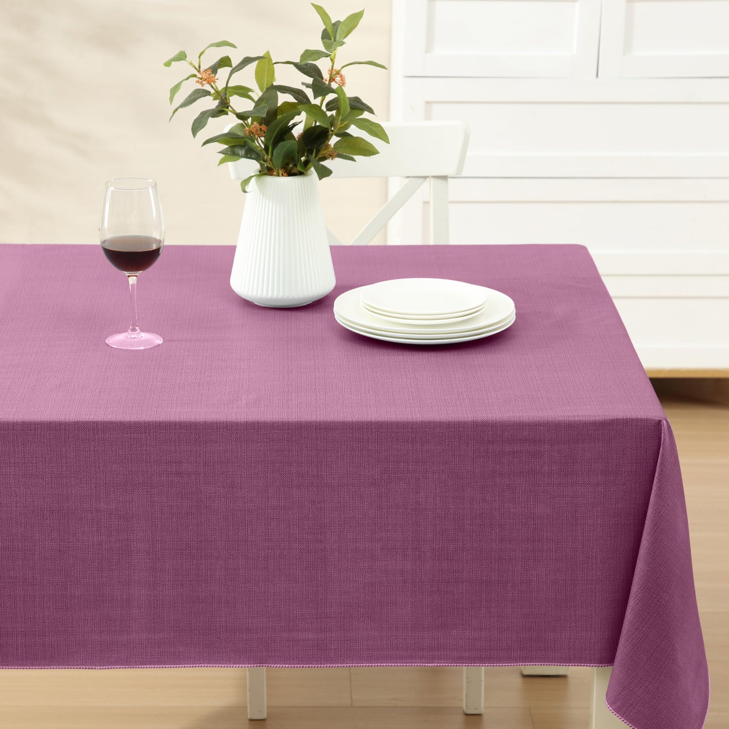 Lintex Cafe Hotel Linen Look Vinyl Flannel Backed Tablecloth, Heavyweight 4 Gauge, 60 x 104 Inch Rectangle, Burgundy Indoor Outdoor Waterproof Wipe Clean Table Cover