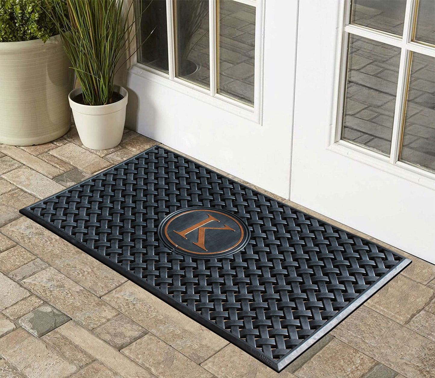 A1HC Large Monogrammed Door Mat, Natural Rubber, 24x39, Ideal for Any entryway, Scrapes Shoes Clean of Dirt & Grime, Door Mats for Entry, Patio, Busy Areas, Black