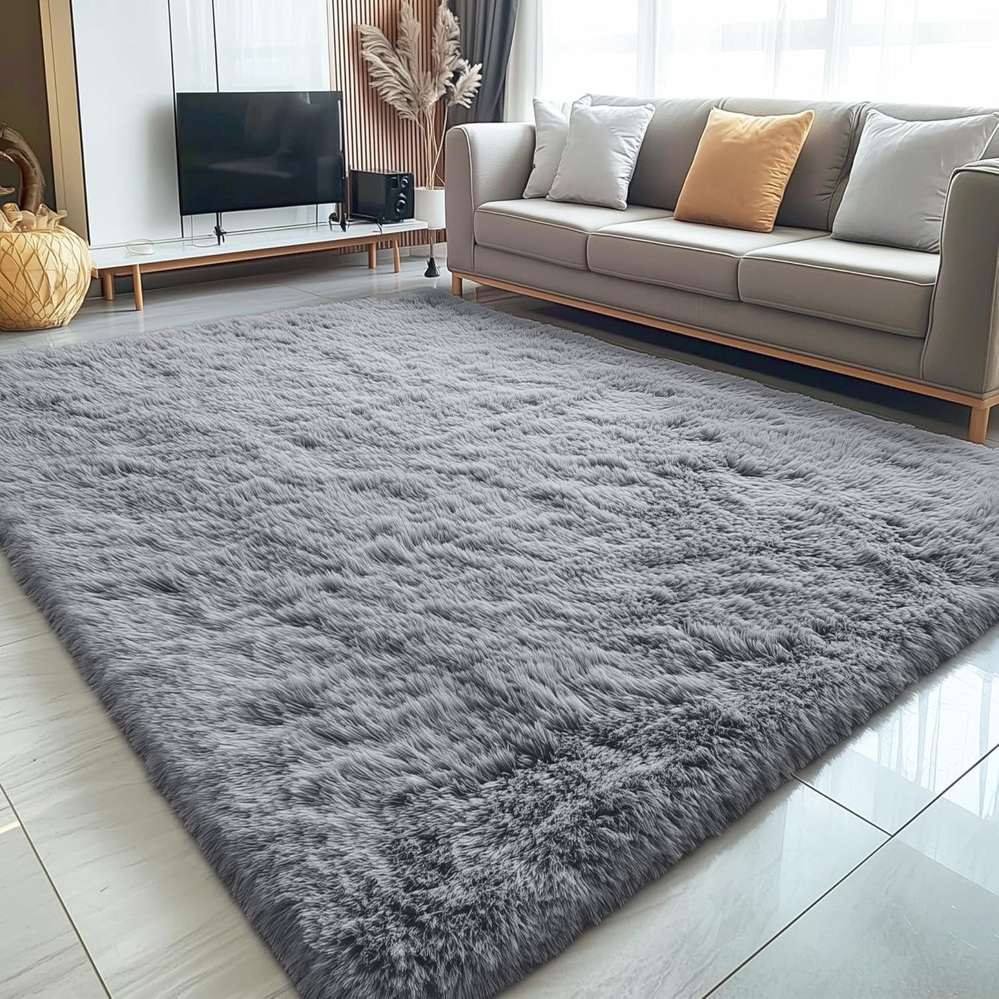 OLANLY Large Area Rug - Soft Fluffy Shaggy Indoor Carpet for Living Room & Bedroom | Light Grey 7x8