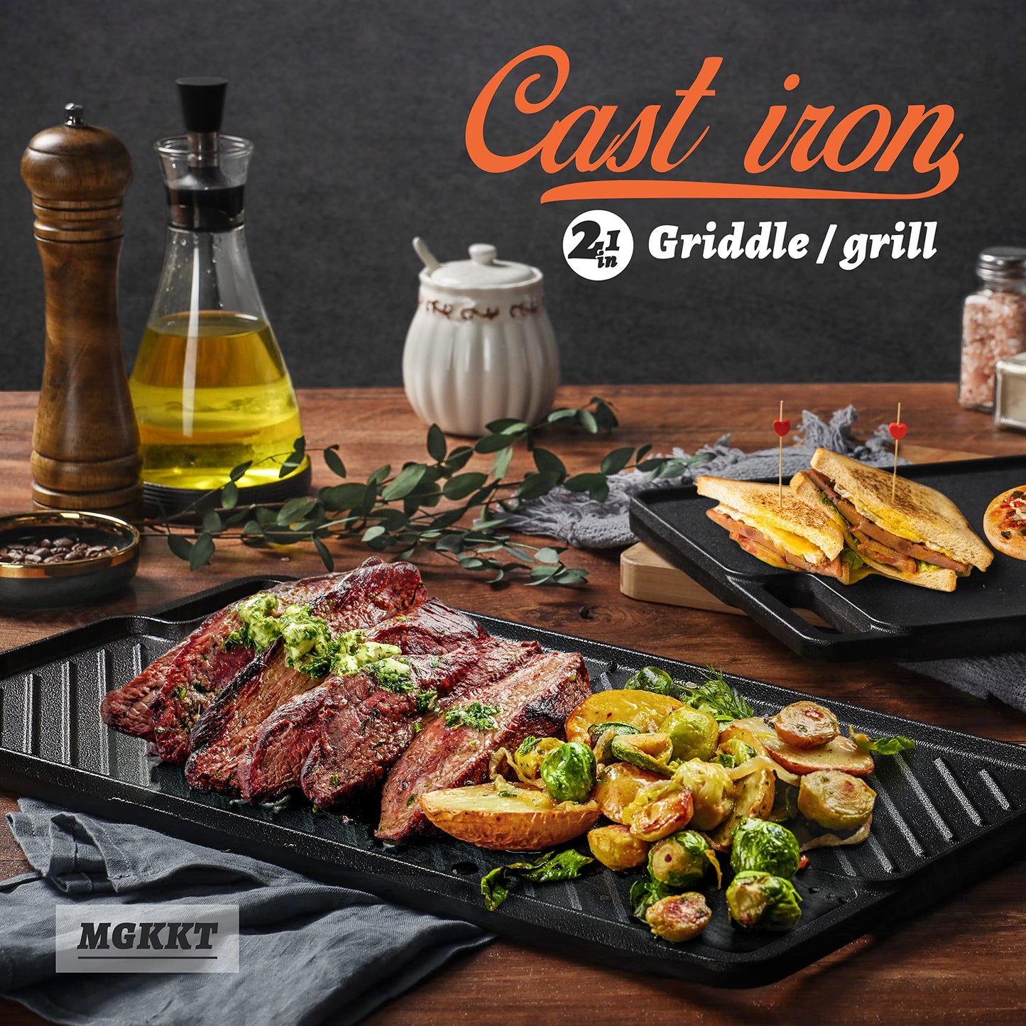 1-Piece 16.50 Inch Cast Iron Griddle Plate | Reversible Pre-Seasoned Cast Iron Grill Pan for Gas Stovetop | Double Sided Used on Open Fire & in Oven | Pre-Coated With Oil