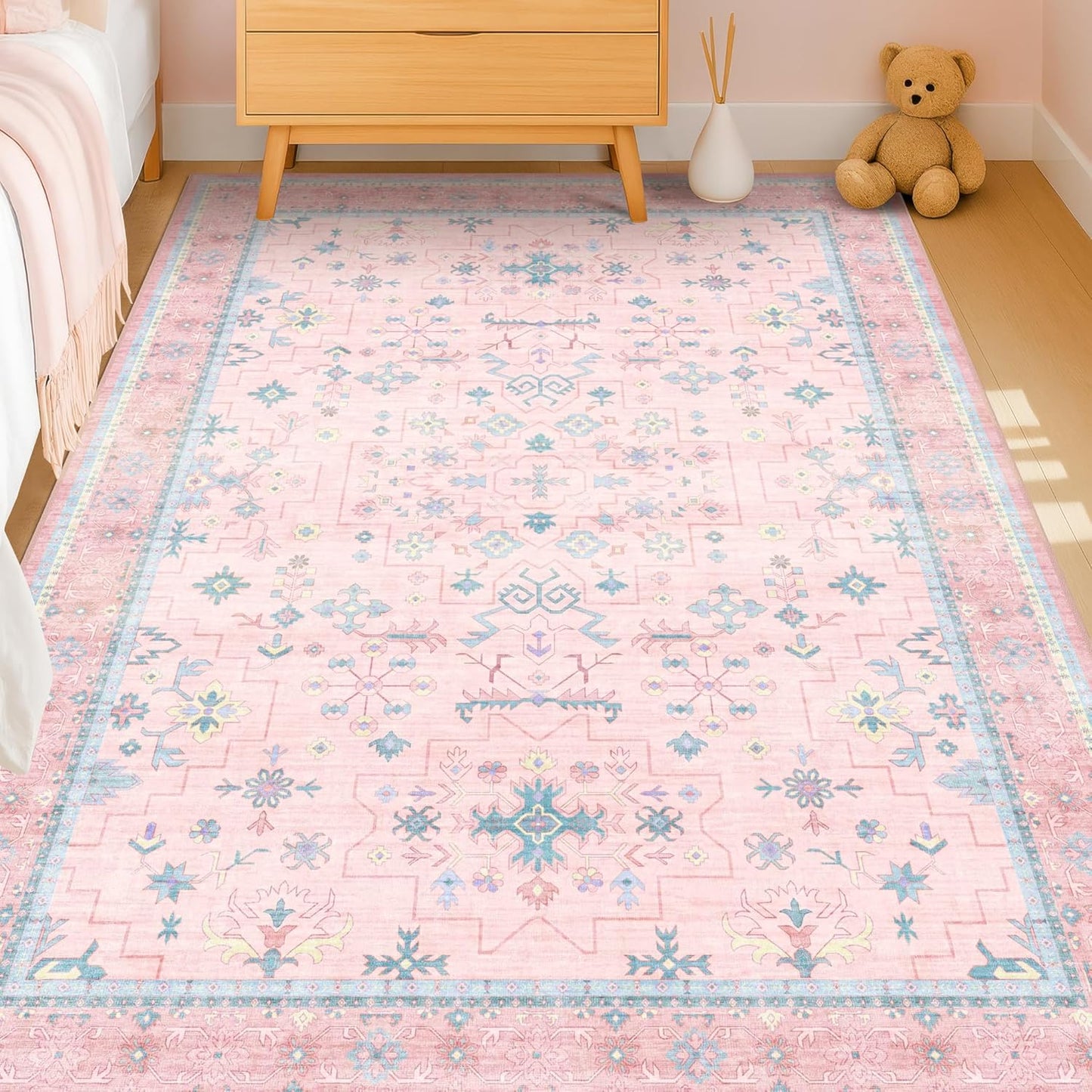 Skiennix Boho Area Rug - Washable Pink & Blue 6x8 for Kids' Playroom | Soft, Non-Slip, Stain-Resistant Design