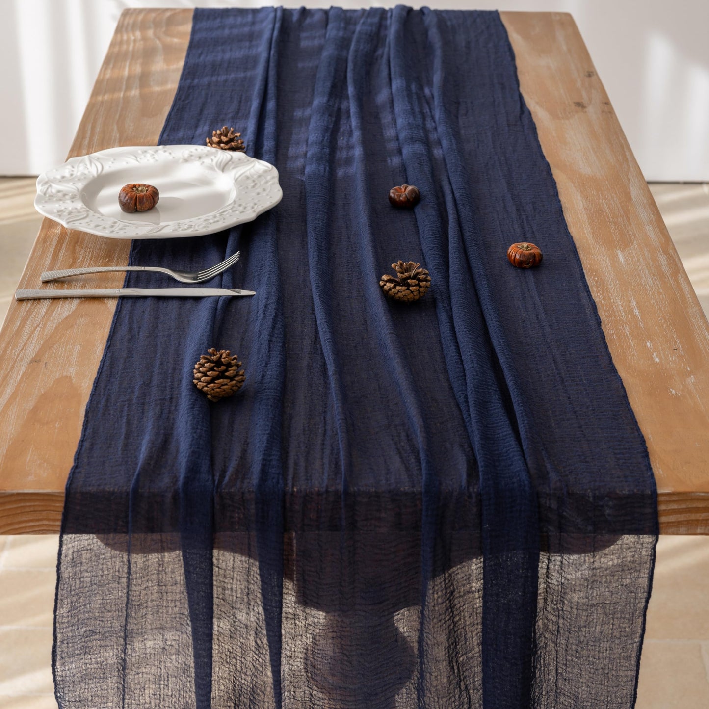 Keketoarrange Navy Blue Gauze Rustic Cheesecloth Table Runner 120 Inch 10 FT for Wedding Baby Shower Bridal Shower Birthday Engagement Garden Outdoor Party Long Sheer Boho Decorations