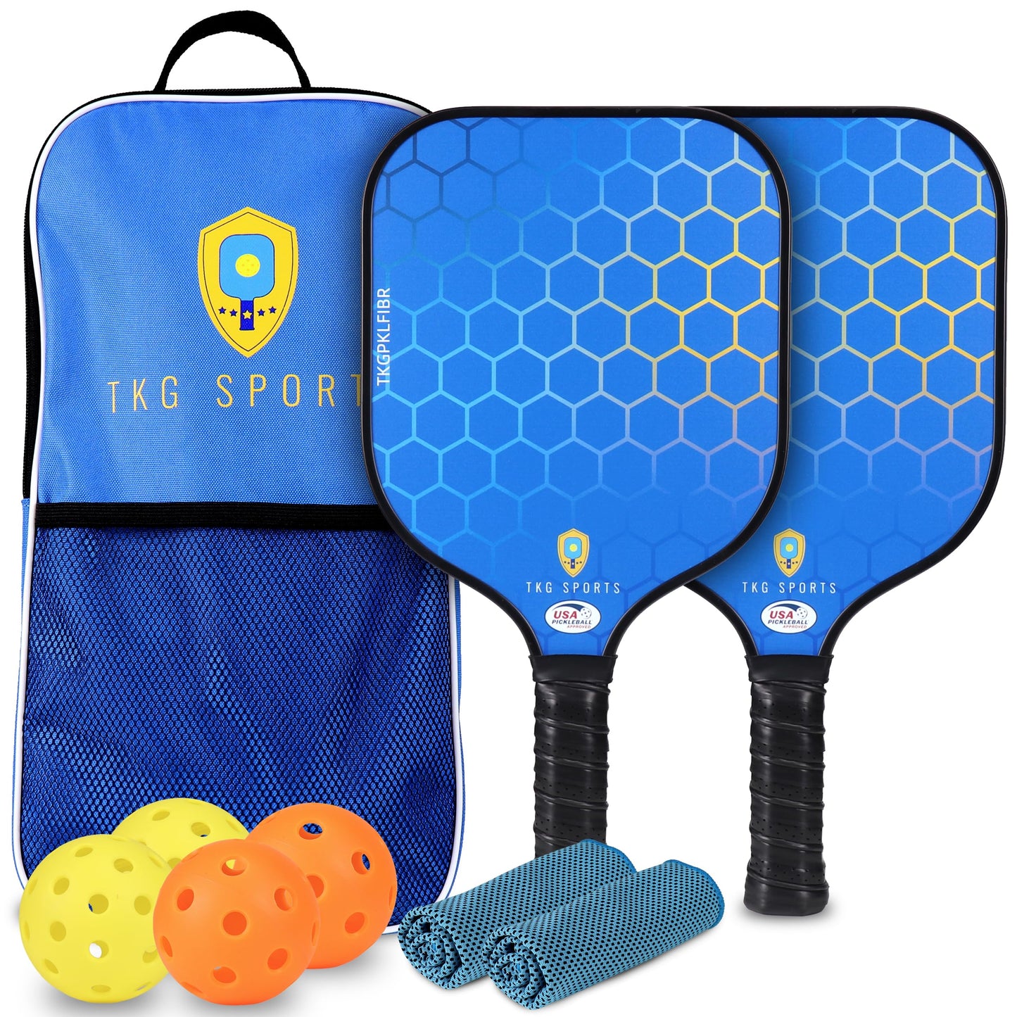 Pickleball Set with Bag - Fiberglass 14mm - 2 USAPA Pickleball Paddles, 2 Indoor and 2 Outdoor Pickleball Balls, 2 Cooling Towels - Rackets for Adults and Teens