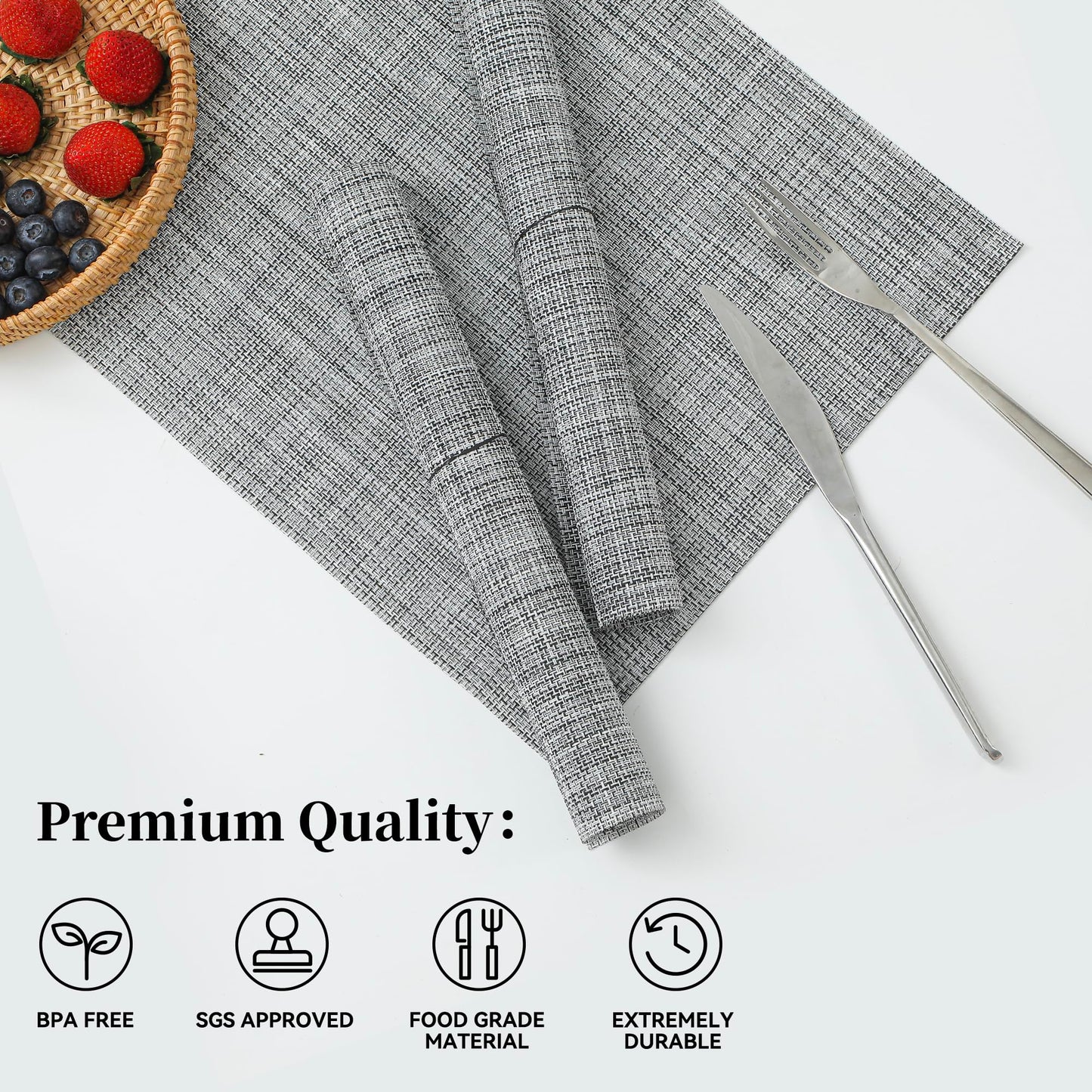 Leetaltree Linen Grey Placemats Set of 4 - Heat Resistant Non-Slip Place mats for Dining Table, Washable Durable PVC Vinyl Woven Table Mats（Linen Grey, 4）