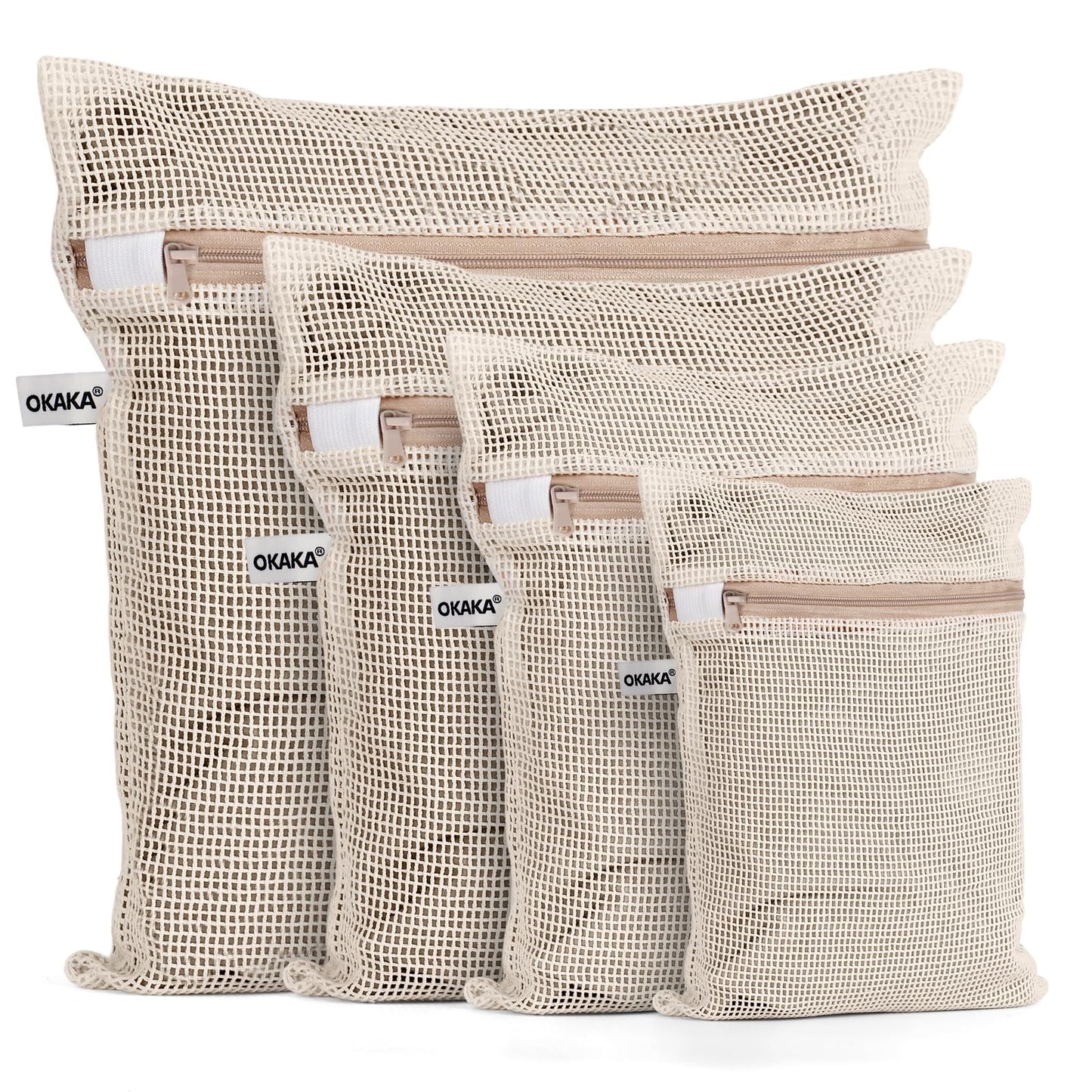 OKAKA 100% Cotton Mesh Laundry Bags, Premium Soft, No Dye, Set of 4, Natural