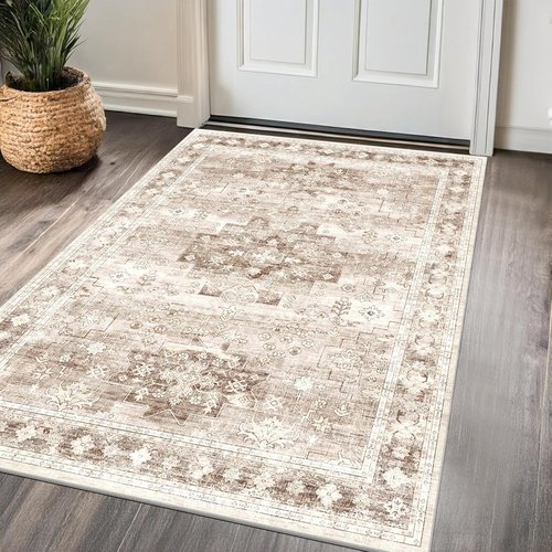 Farmhouse Large Entryway Rug by Washable | Non-Slip, Stain Resistant, 3x5 Beige/Latte for Kitchen & Bedroom