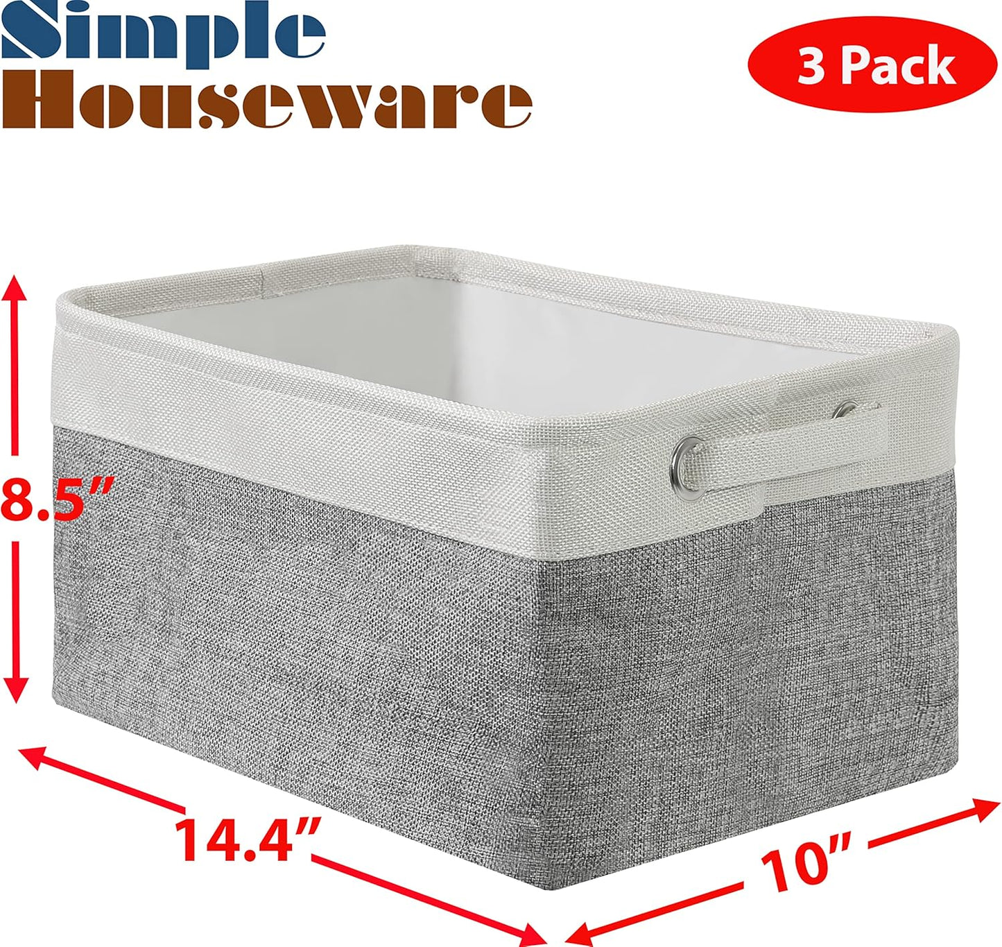 Simple Houseware Large Fabric Storage Bin - Foldable Organizer with Handles | 14.4" x 10" | Gray | 3-Pack