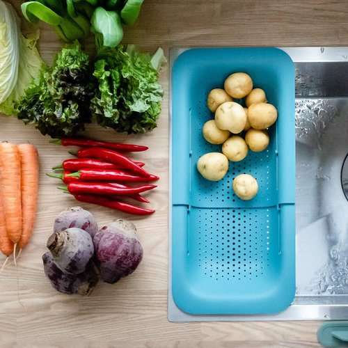 Blue Ginkgo Over The Sink Colander Strainer Basket - Extendable Design for Washing Vegetables & Draining Pasta | Kitchen Essential (7.9"W x 14.5-19.5"L x 2.75"H)