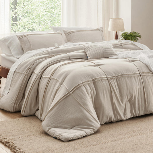 Bedsure King Comforter Set - 4 Pieces Grid Pleat Bed Set, Beige Boho Bedding for All Season, 1 Soft Comforter, 2 Pillowcases, 1 Decorative Pillow