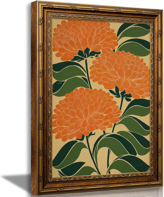 Vintage Gold Framed Canvas Wall Art - Colorful Flower Prints for Elegant Home Decor | Abstract Minimalist Design