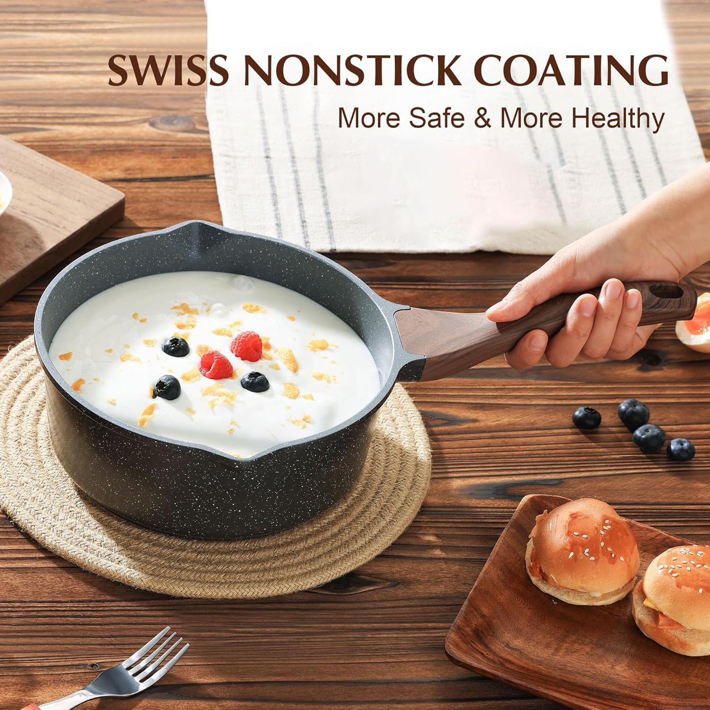 SENSARTE Nonstick Sauce Pan - 3.0 Quart Swiss Granite Coating | Induction Compatible with Lid