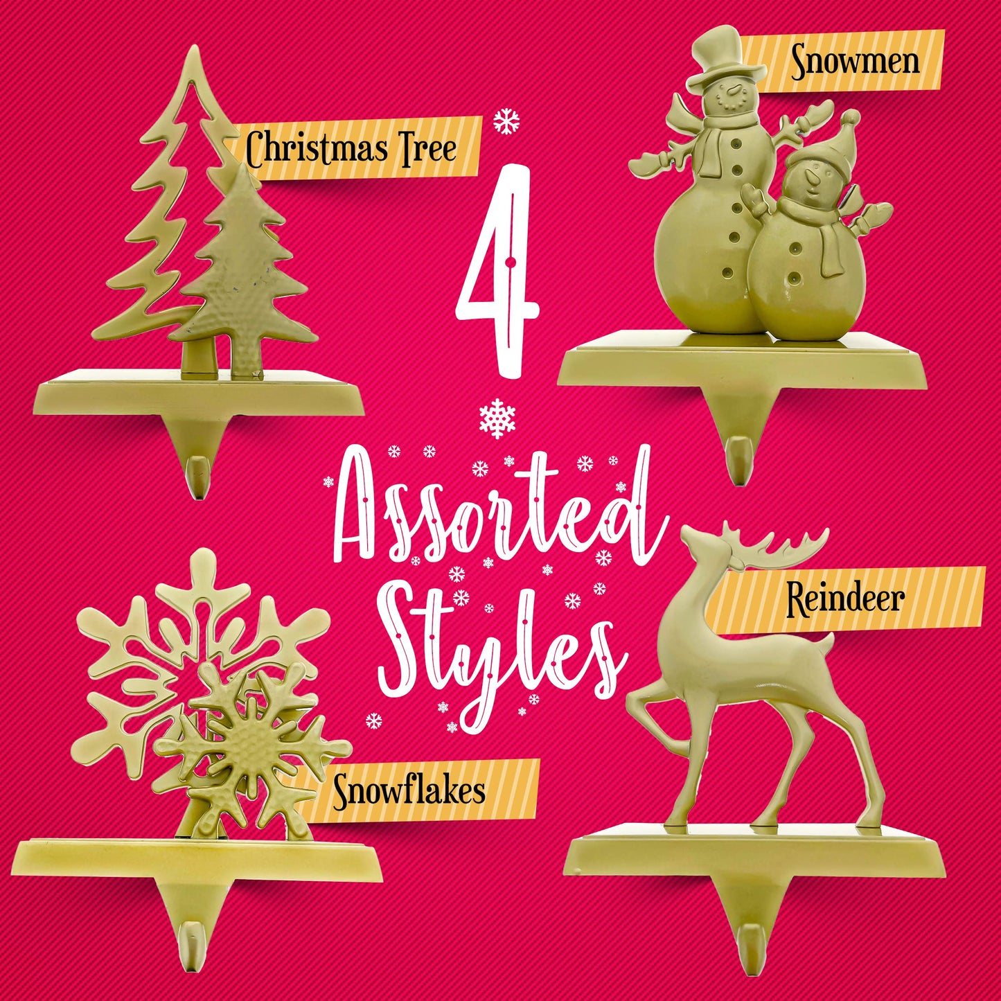Season 4 Sparkles Christmas Stocking Hangers for Mantle Set of 4 - Golden Color Weighted Stocking Holders for Mantel - Durable So Santa Can Reach The Stockings