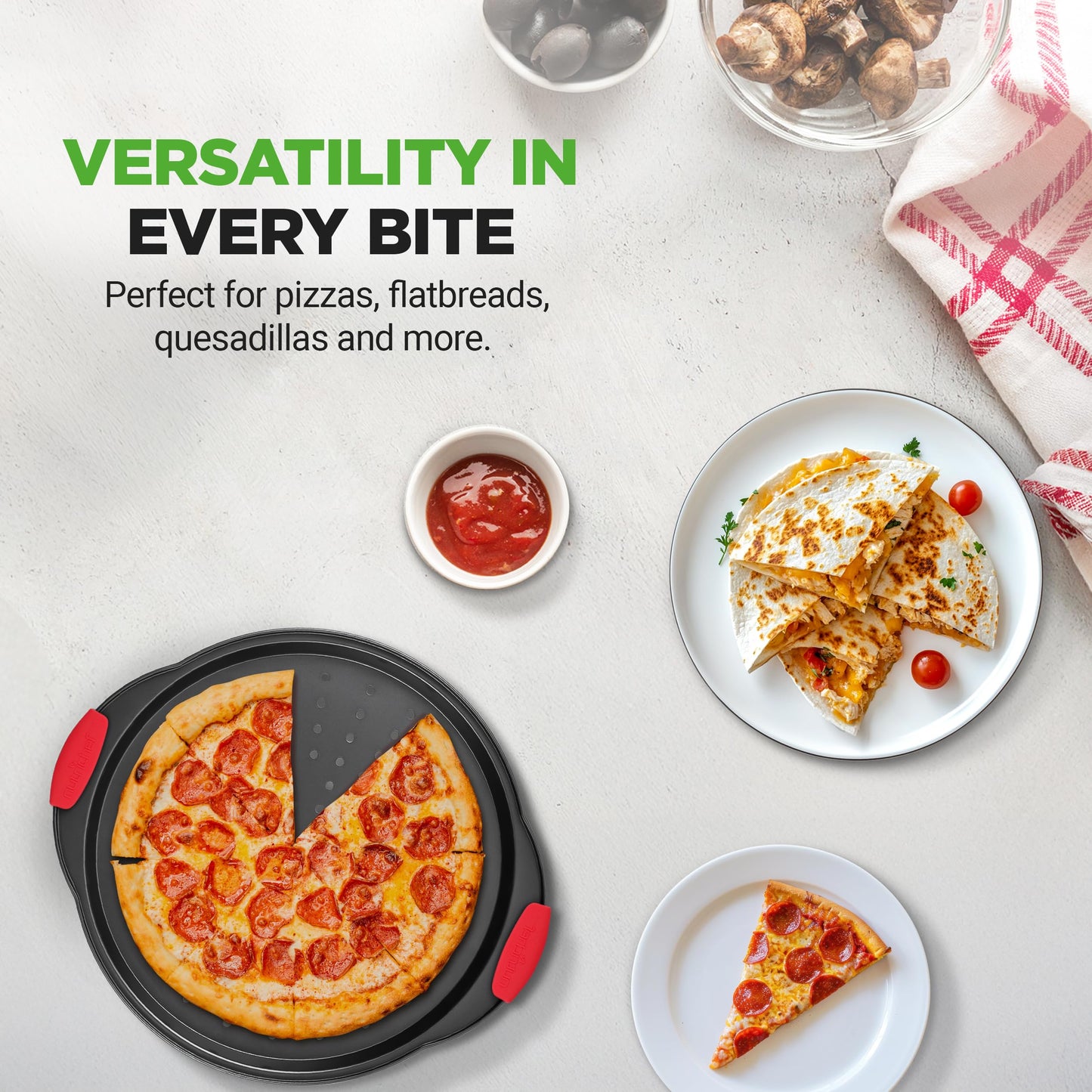 NutriChef 13-Inch Nonstick Pizza Tray - Round Carbon Steel Non-Stick Pizza Pan with Perforated Holes, Premium Bakeware Pizza Screen with Silicone Grip Handles, Dishwasher Safe - NCBPIZ1