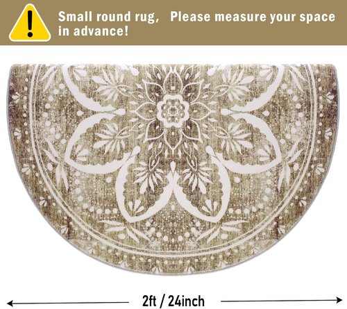Carvapet 24-Inch Vintage Washable Round Rug - Non-Slip Rubber Backing | Foldable Low Pile Design, Brown