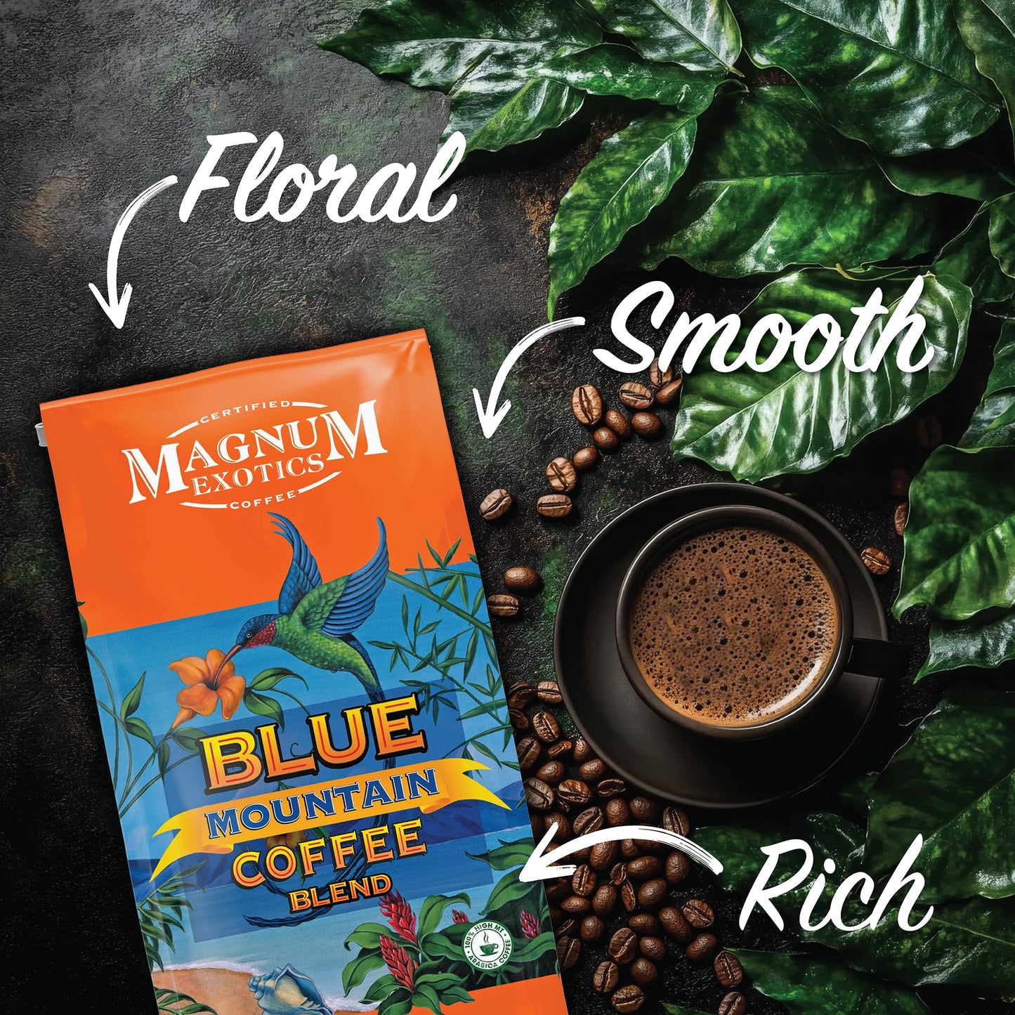 Magnum Exotics Coffee, Blue Mountain Blend - Medium-Light Roast, Whole Bean, Made from 100% Arabica Beans, Rich & Smooth Flavor, Fresh Roast - Blue Mountain Blend, 2 Lb Bag (32 oz)