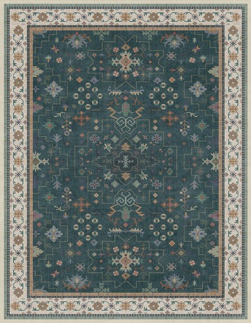 Hazo Haus Vintage Dark Green 7x9 Dining Room Rug - Washable Floral Low Pile Area Rug for Living Room | Non-Slip Design