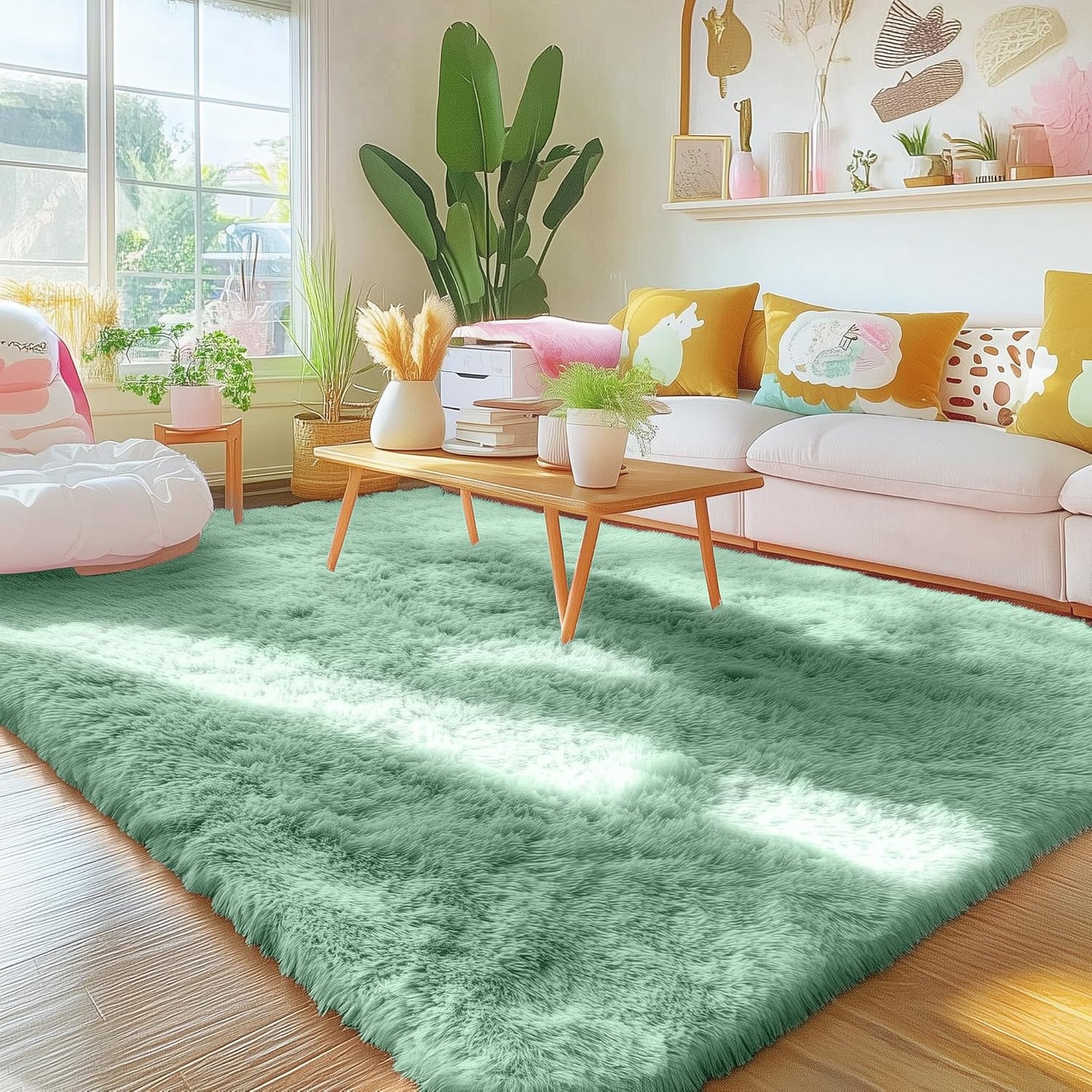 OLANLY Area Rugs - Soft Fluffy Shaggy Indoor Carpet for Kids | Machine Washable 4x5.9 ft in Mint Green