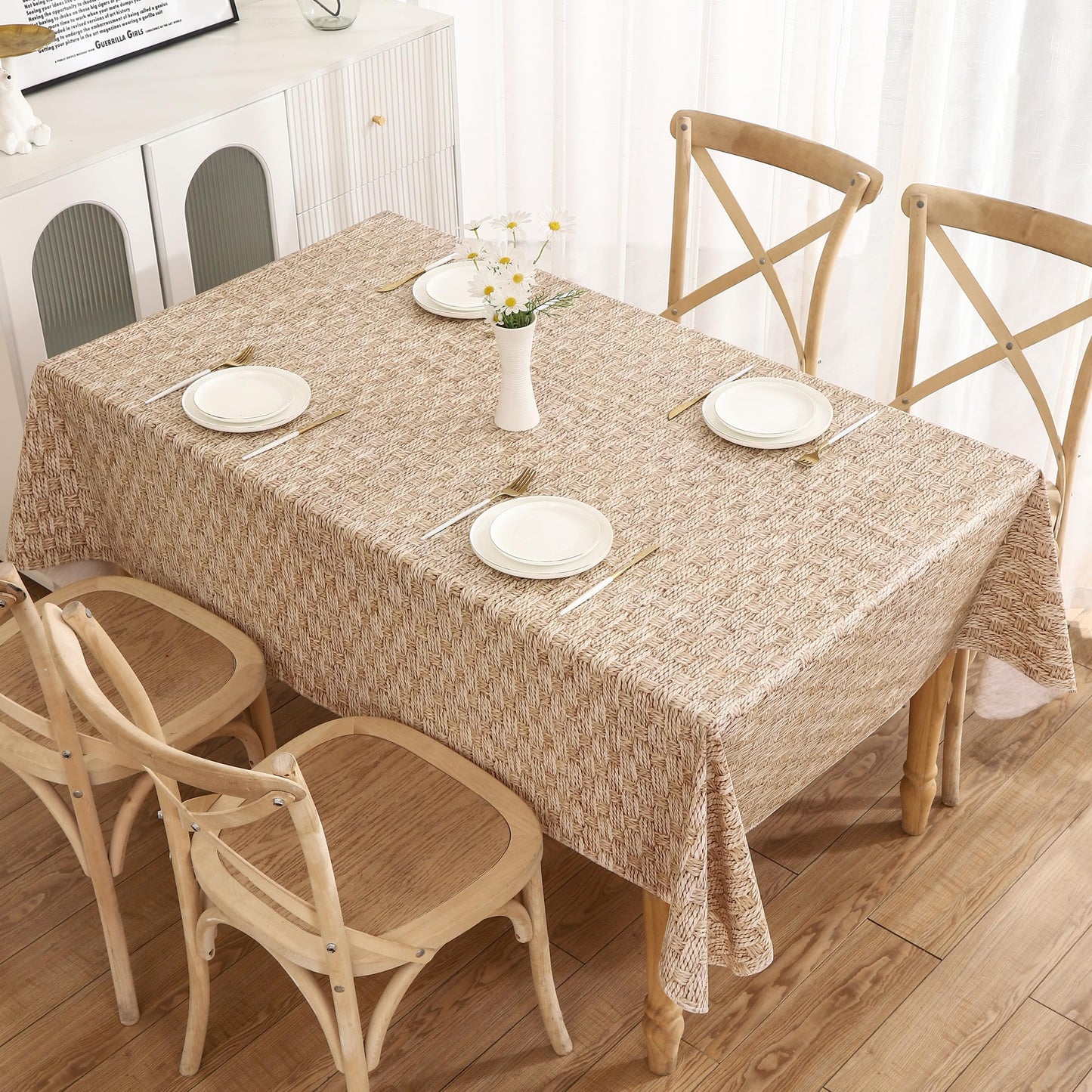 HRNJJYP Heavy Duty Vinyl Tablecloth with Flannel Backing Waterproof Oil-Proof Plastic Table Cloth Stain-Resistant Wipeable Rectangle or Square Table Cover for Dining, Camping (Weaving, 52X70 Inch)