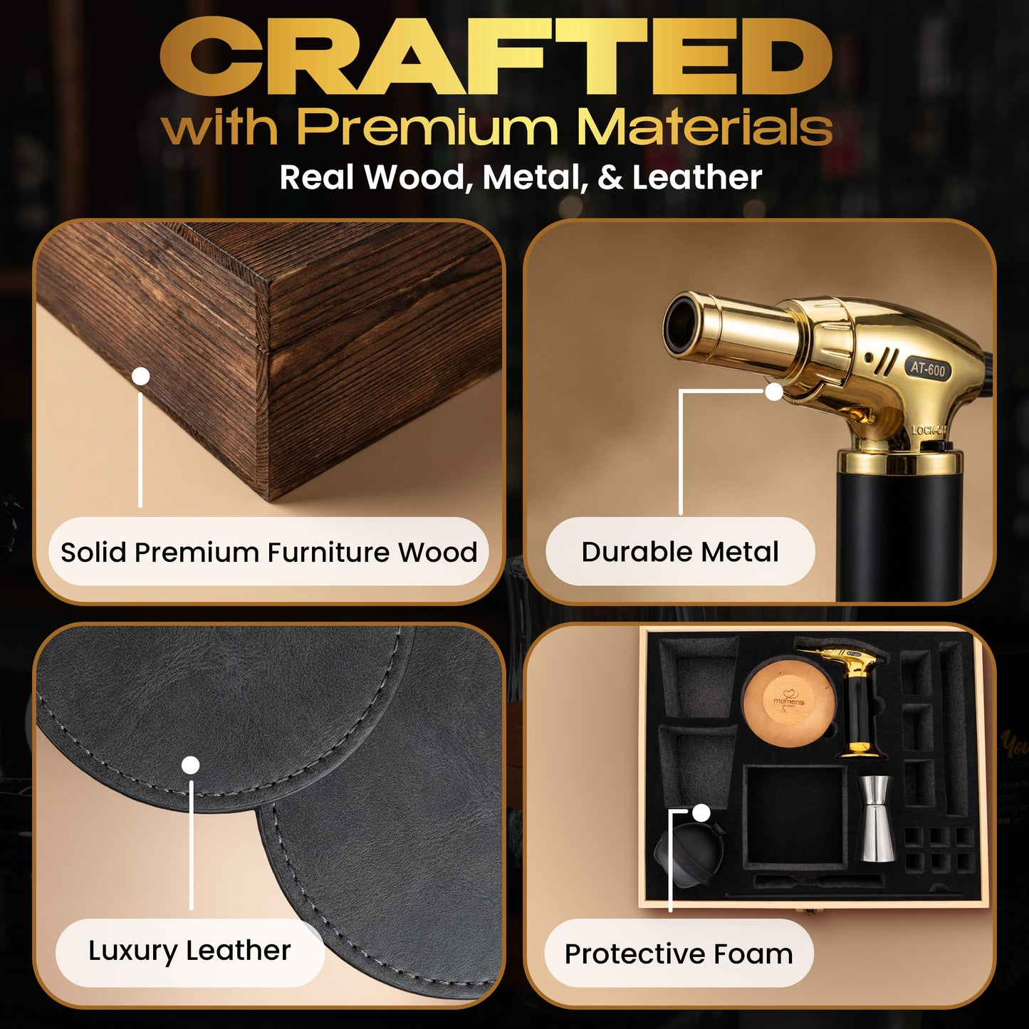 Moments by KEFF Premium Whiskey Smoker Kit – Wooden Gift Box with Torch, Smoker Lid, Square Glasses, Leather Coasters, 6 Wood Chips with Tray, Whiskey Stones, Ice Molds, Mixing Tools & Instructions
