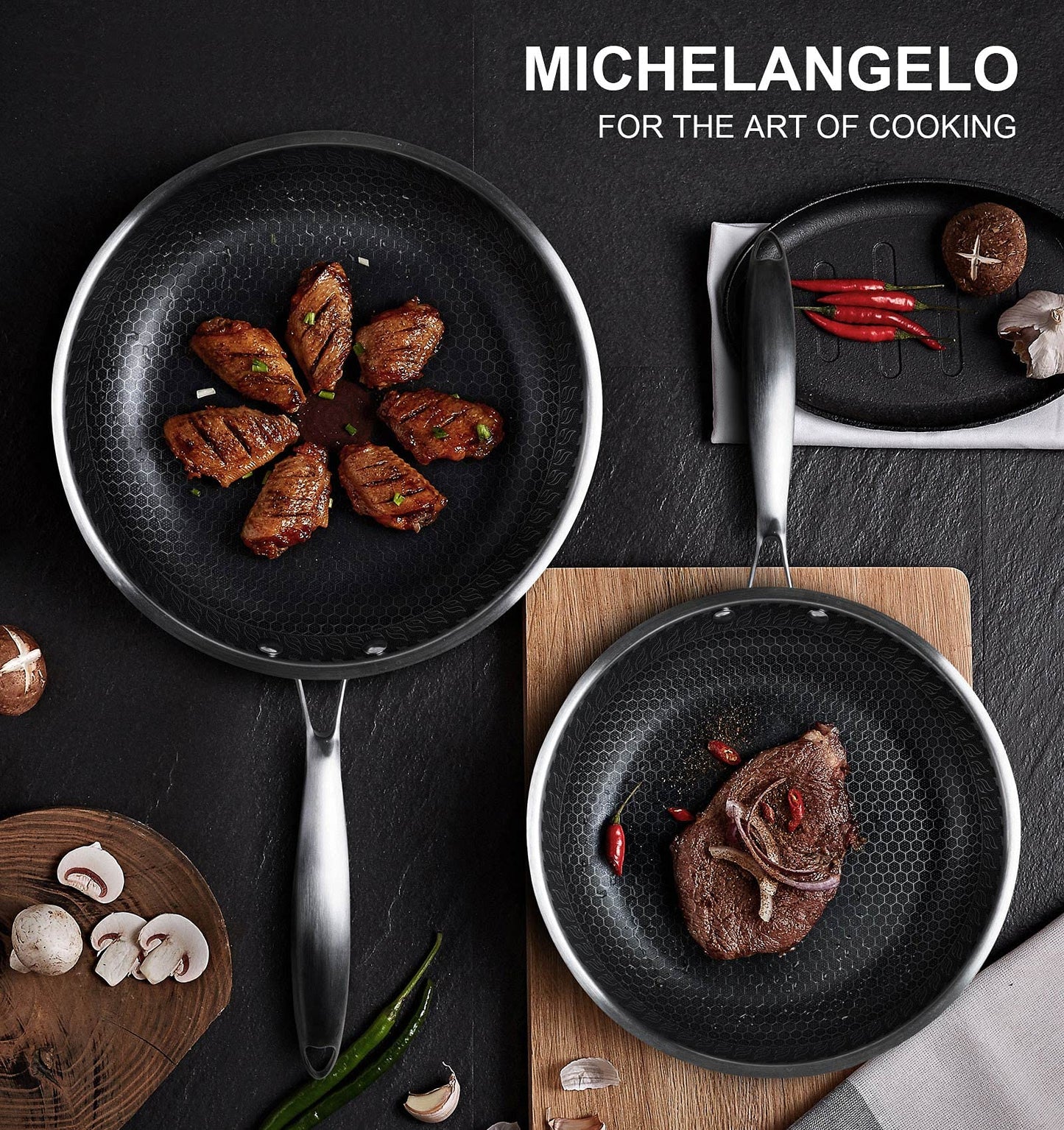 MICHELANGELO Stainless Steel Frying Pan Set with Lids, 8 & 10 Inch Frying Pans Nonstick, Stainless Steel Fry Pan Set, Honeycomb Pans for Cooking, Skillet with Lid - Induction Compatible