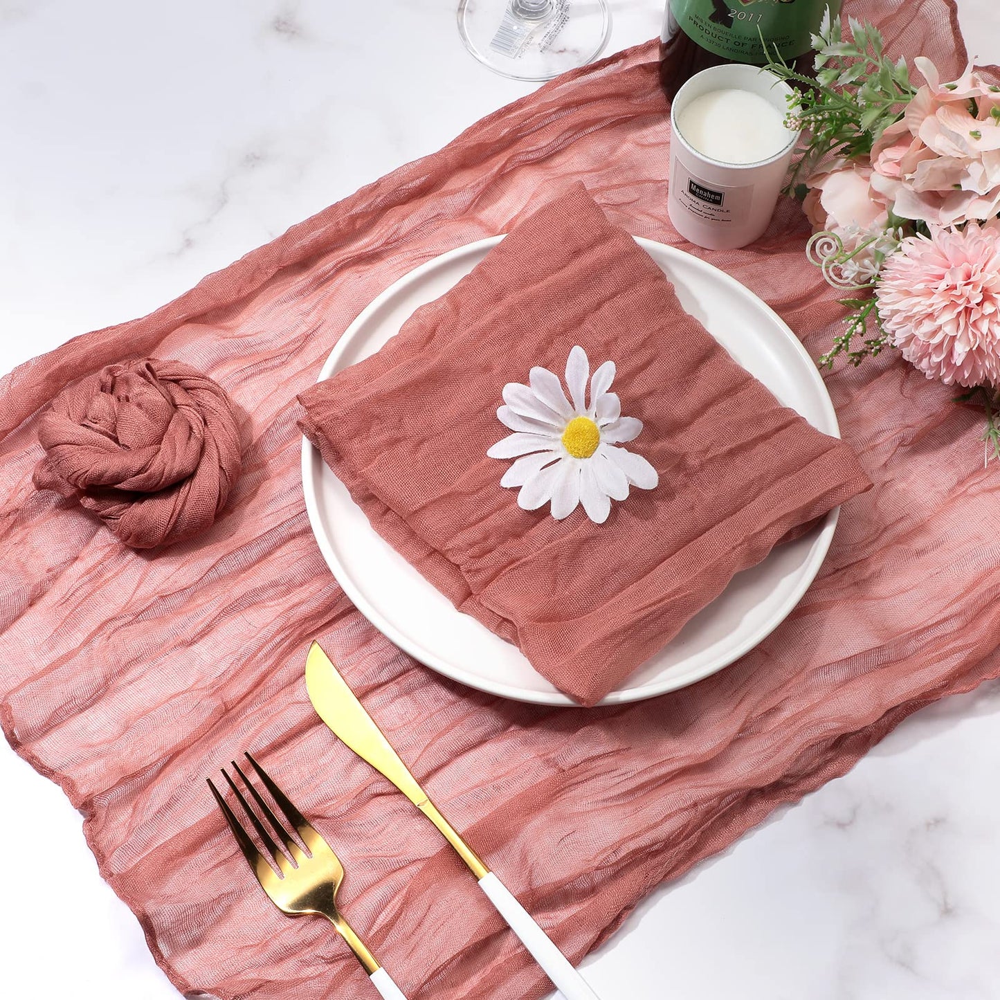 Mixweer 54 Pack Cheesecloth Napkins 20 x 20 Inch Washable Gauze Napkins Wrinkled Boho Cotton Dinner Table Decor for Wedding Bridal Baby Shower Birthday Party Easter(Pink)