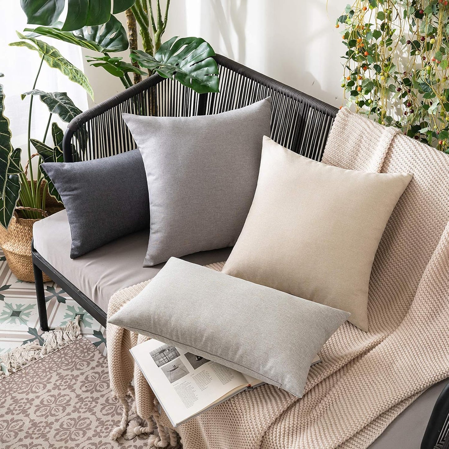 MIULEE Decorative Outdoor Throw Pillow Covers - Waterproof Faux Linen Cushion Cases | 24x24 Inch Beige (Pack of 2)
