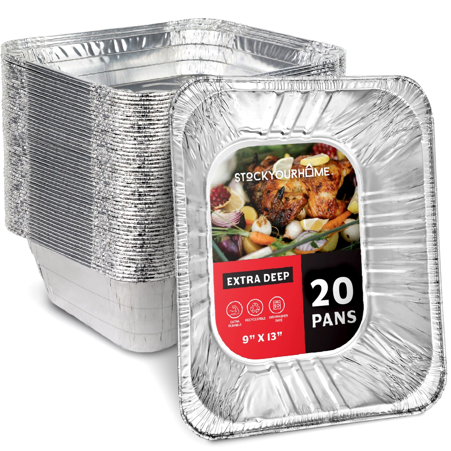 Stock Your Home (20 Pack) Deep Aluminum Pans 9x13, Heavy Duty 4” Deep Foil Pans Disposable Catering Trays, Baking Tins, Large Food Containers for Cooking, Heating, Storage, Serving, Holiday Meal Prep