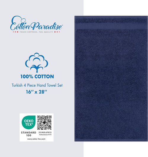 Cotton Paradise Hand Towels - 100% Turkish Cotton, Soft & Absorbent | 4-Piece Set in Navy Blue