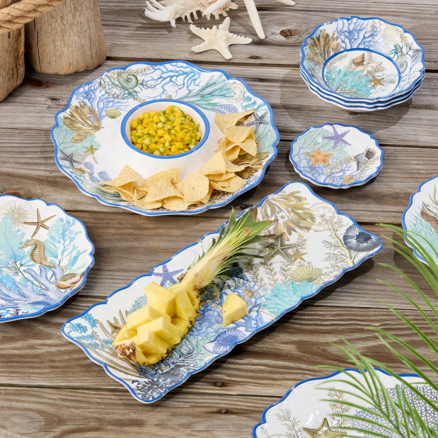Blue Lagoon 2-Piece Melamine Appetizer Set - Coastal Blues & Coral White Chip & Dip Platter (14.5”) and Rectangular Serving Tray (19” x 8”), Perfect for Entertaining & Beach-Themed Parties