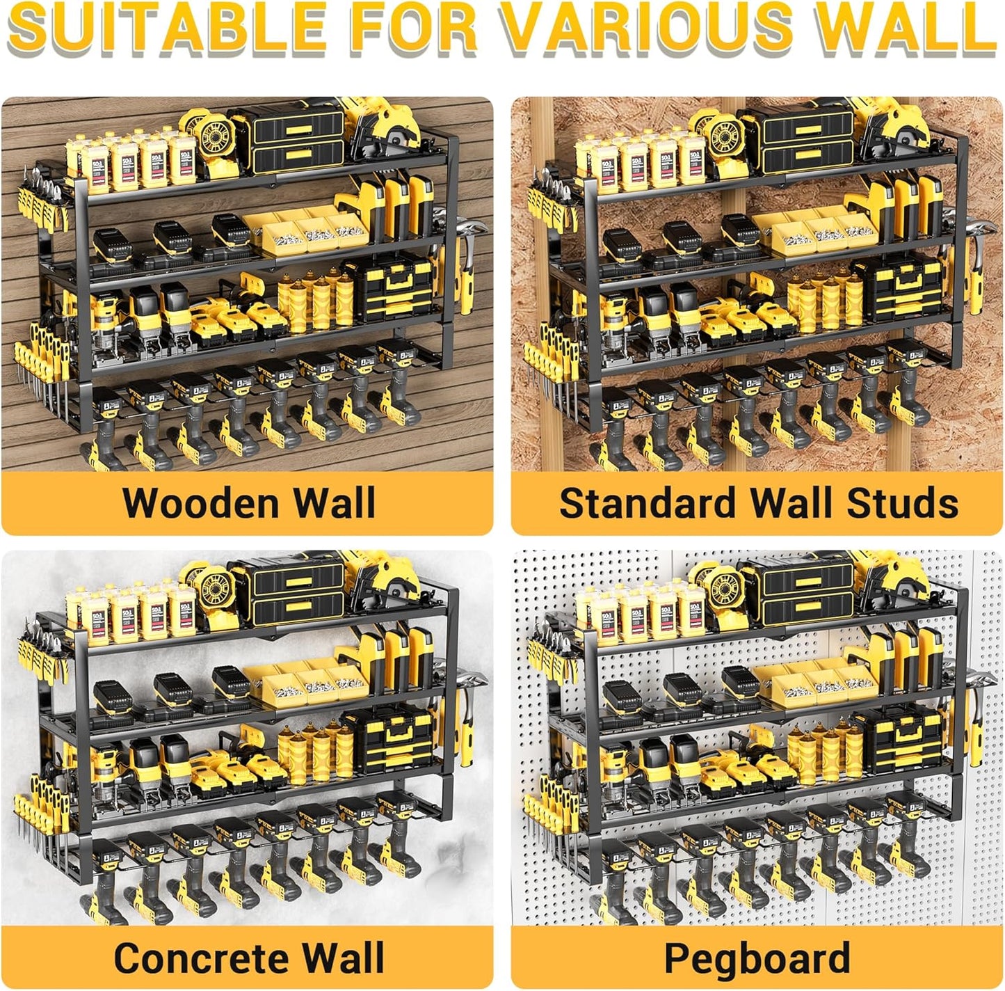 Skiennix Heavy Duty Power Tool Organizer - 4 Layers Wall Mount Rack with 8 Cordless Drill Holders | 400lbs Capacity