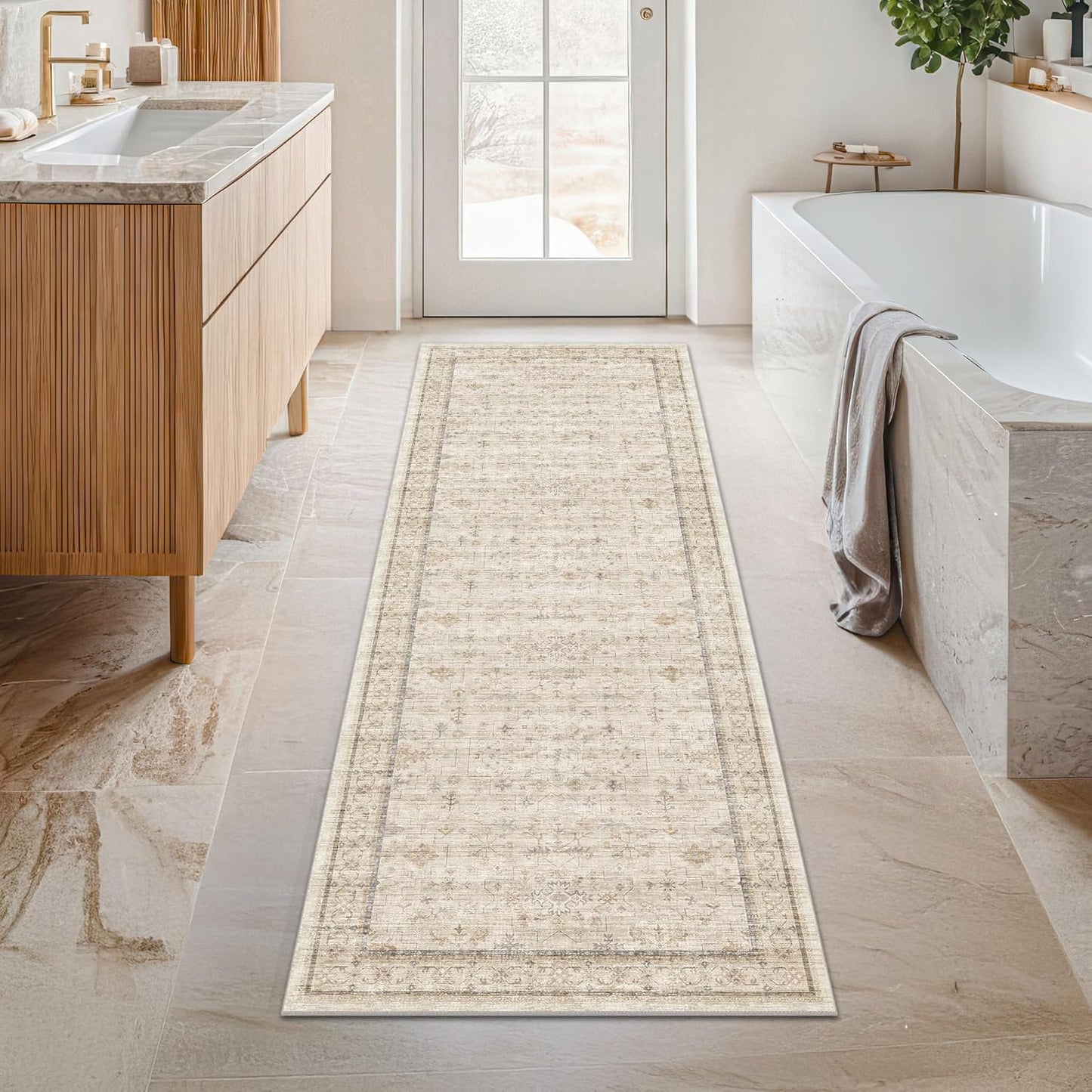Skiennix 2x6 Beige Farmhouse Kitchen Runner Rug - Washable, Non-Slip, Soft Low Pile Floral Design