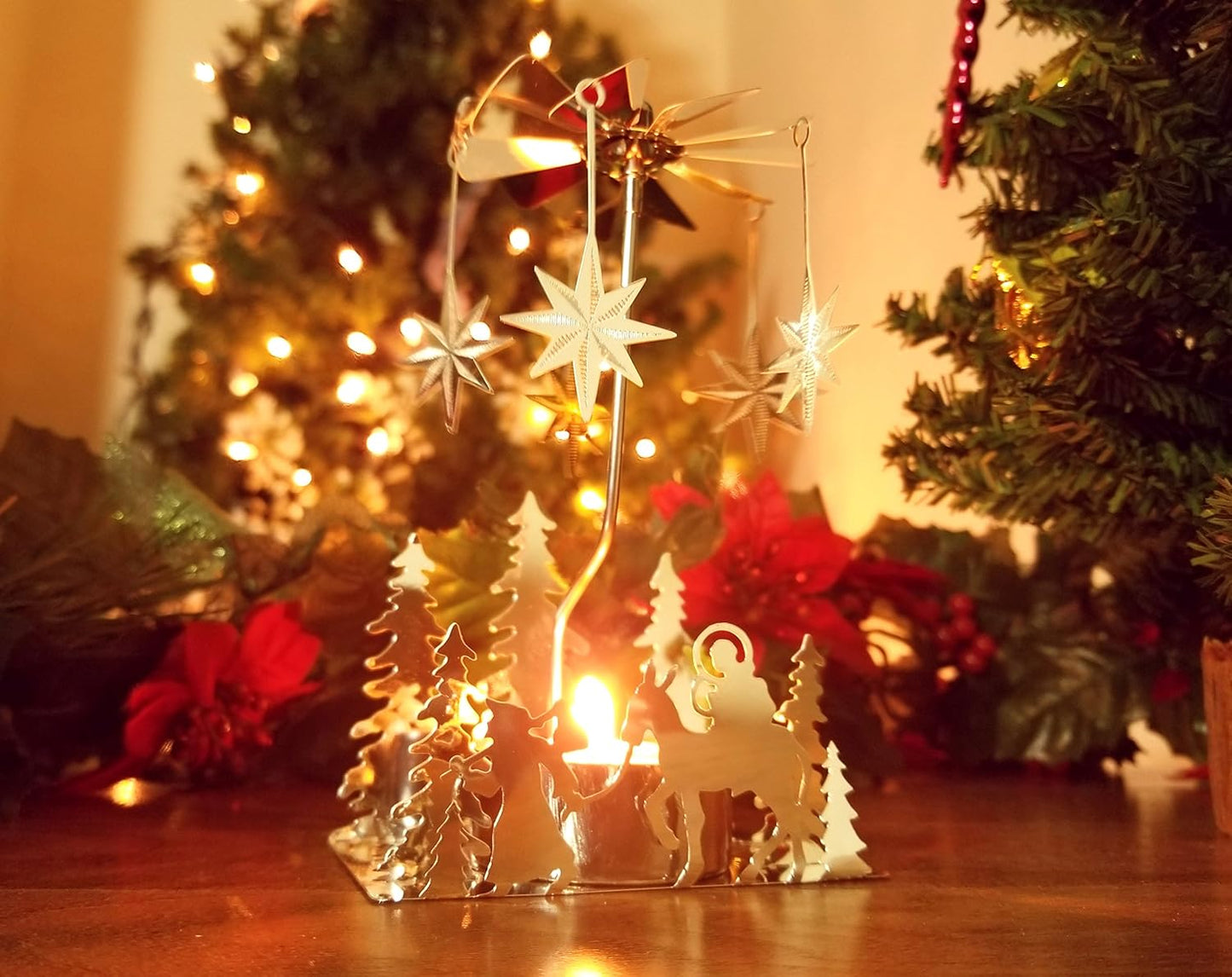 Nativity Candle Spinner - Laser Cut Silver Tea Light Holder with Nativity Scene & Moravian Stars - 5" H x 3.5" L