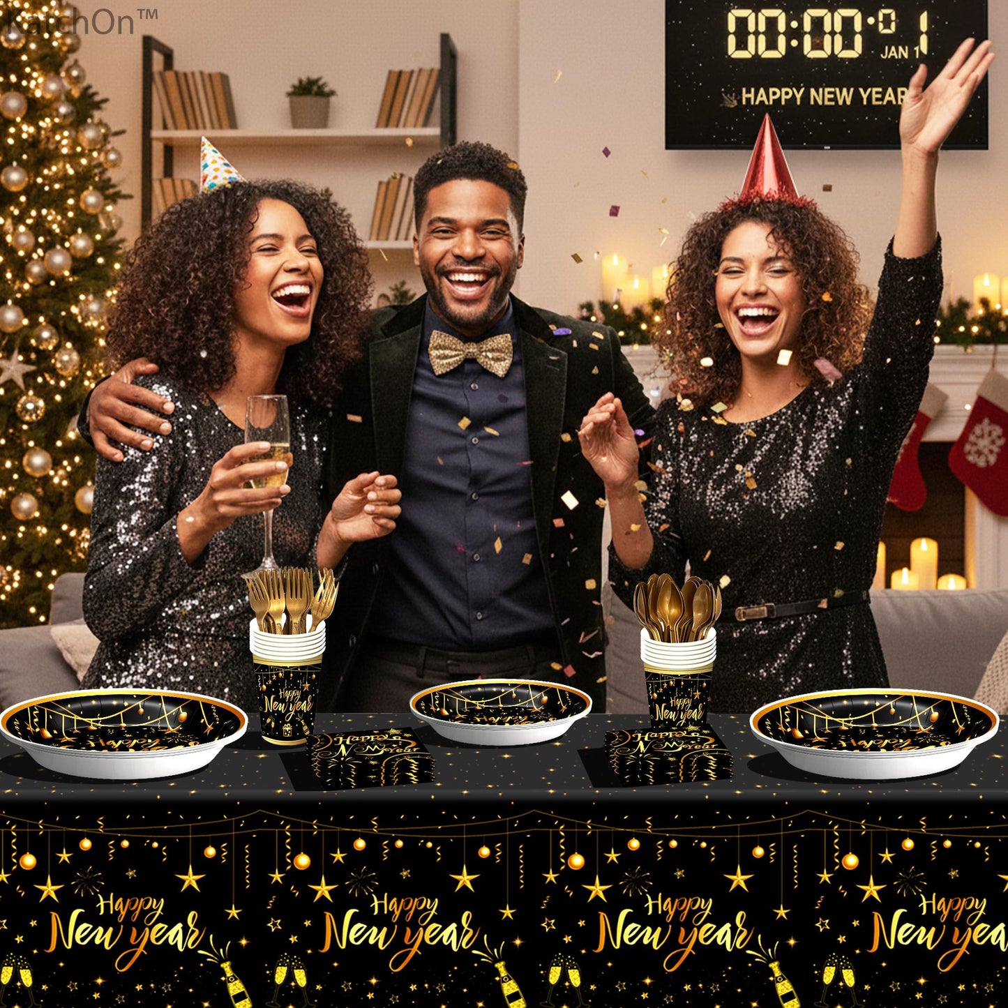 KatchOn, Happy New Year Plates Cups and Napkins Set - Serves 25 Guest | New Years Eve Party Supplies for New Years Decorations 2026 | Happy New Year Tableware for Nye Decorations 2026