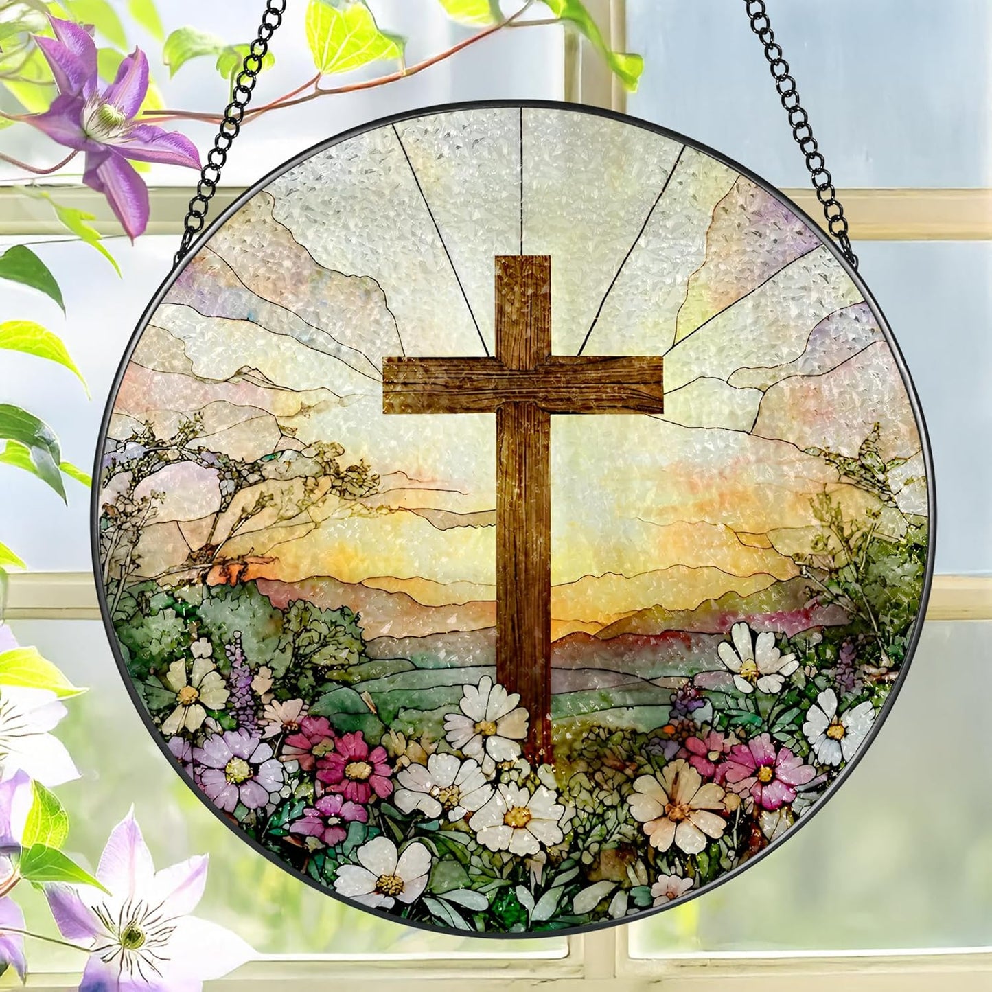 Skiennix 8-Inch Stained Glass Cross Suncatcher - Beautiful Wildflower Design for Easter & Home Decor