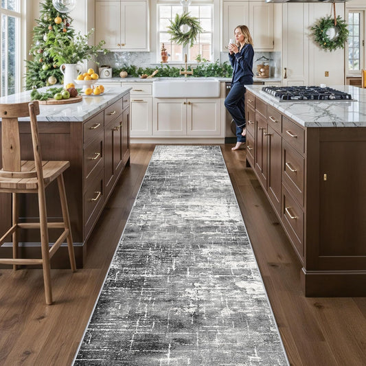 Skiennix Abstract 14ft Long Runner Rug - Non-Slip, Washable, Low-Pile | Soft Black/Grey Indoor Mat