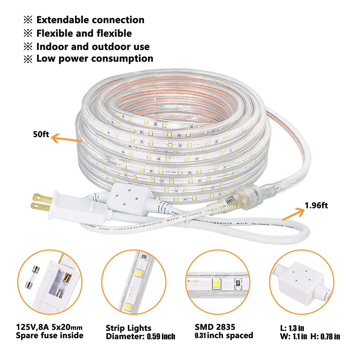 SURNIE 50ft LED Rope Lights Outdoor Waterproof, 110V Flexible Daylight White Bright Lighting Cuttable Connectable, Cool Clear Flat Strip Light 6000K for Outside Deck Patio Camping Decor, Not Tube Rope