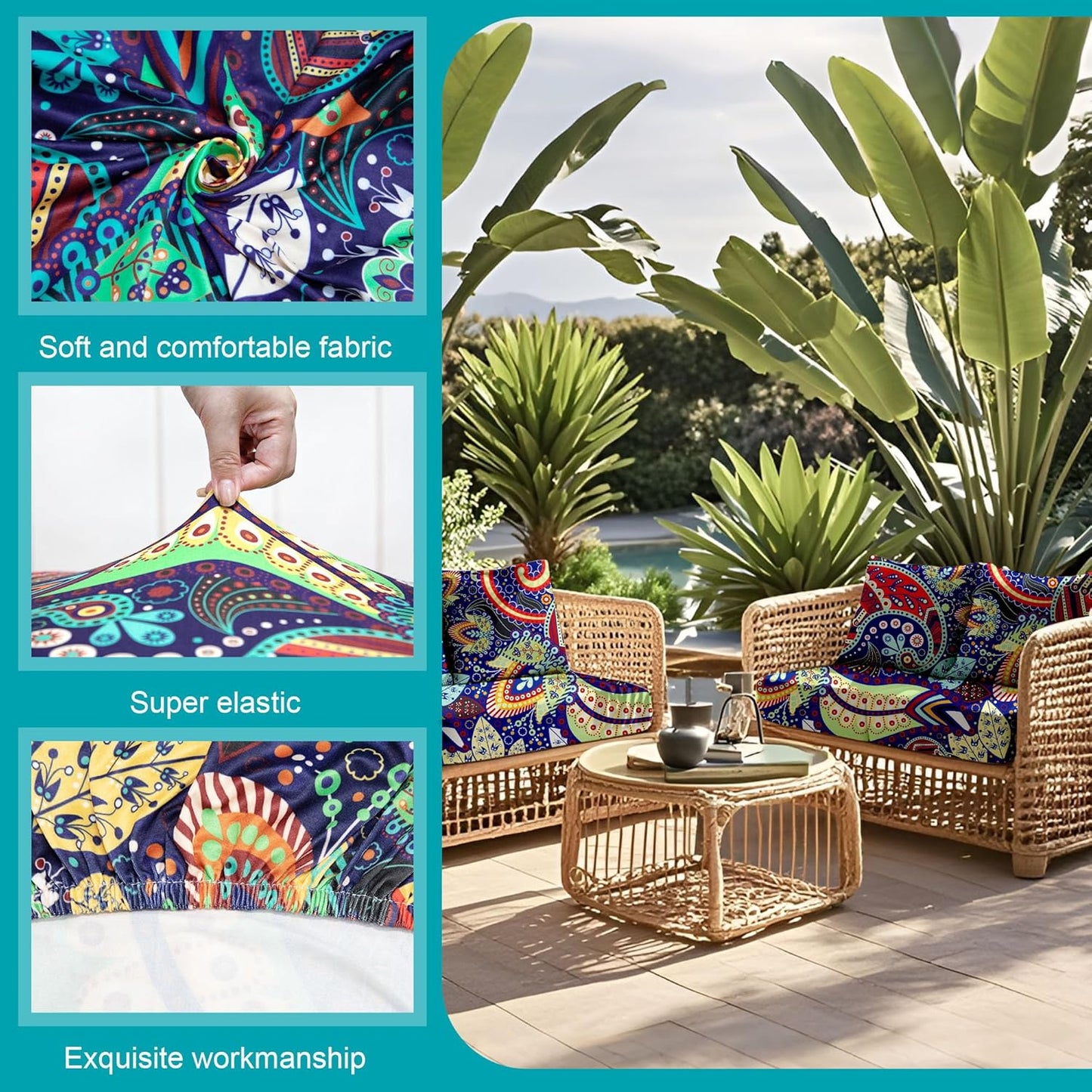 Rococo 14-Piece Stretch Patio Cushion Covers - Washable Outdoor Sofa Slipcovers for Furniture Protection