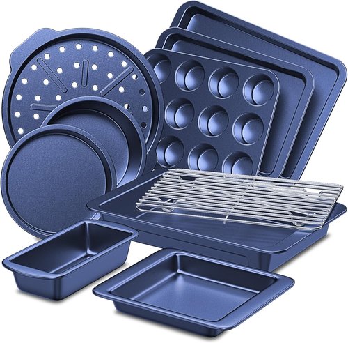 HONGBAKE Nonstick Bakeware Set - 10-Piece Kitchen Baking Pans with Wider Grips | Includes Rack, Cookie Sheet, Cake Pans, Muffin Pan, Pizza Pan - Blue