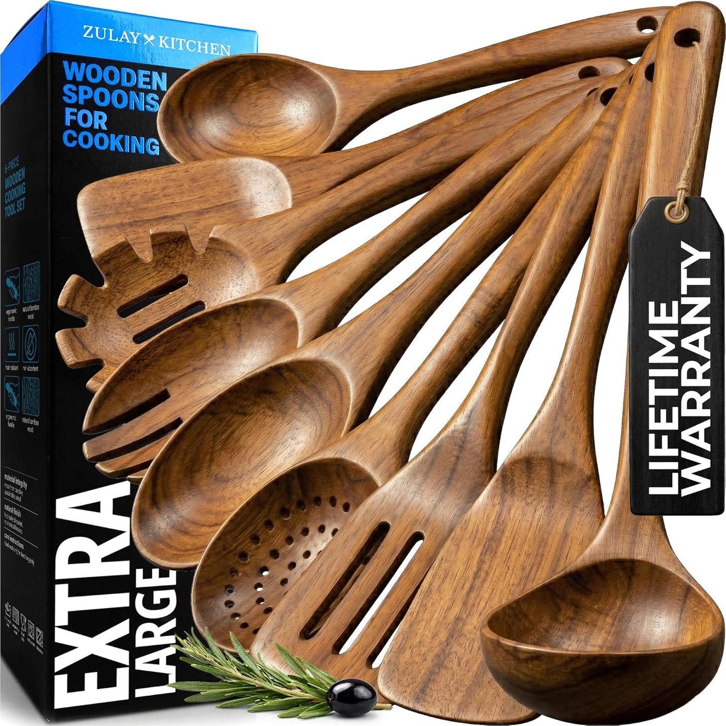 Zulay Kitchen 9-Piece Teak Wood Cooking Utensil Set - Non-Toxic, Non-Stick Wooden Spoons & Tools | Comfortable Grip & Smooth Finish