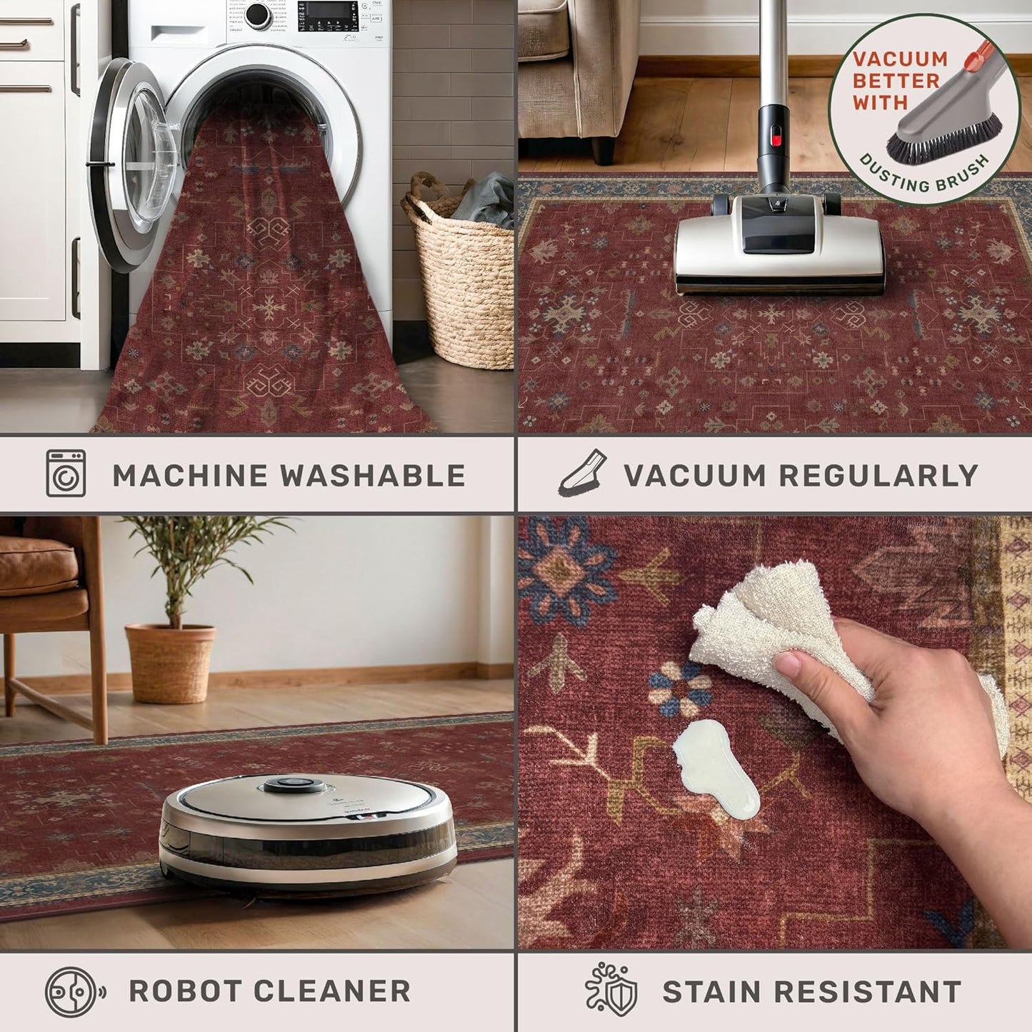 Regine Switzerland Vintage Burgundy 7x9 Dining Room Rug - Lightweight Washable Boho Carpet