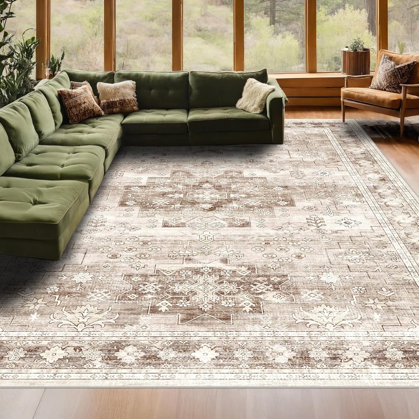 Regine Switzerland Washable Farmhouse Living Room Rug - 6x9 Non-Slip Floral Design in Beige/Latte