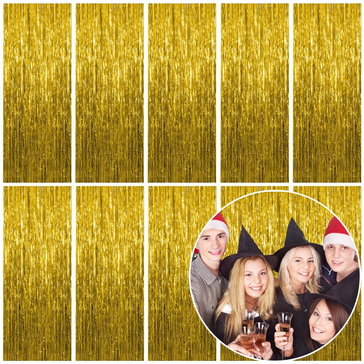 10 Pack Foil Curtain Backdrop Gold Metallic Tinsel Foil Fringe Curtains Photo Booth Props for Birthday Wedding Engagement Baby Shower Bachelorette Christmas Holiday Celebration Party Decorations