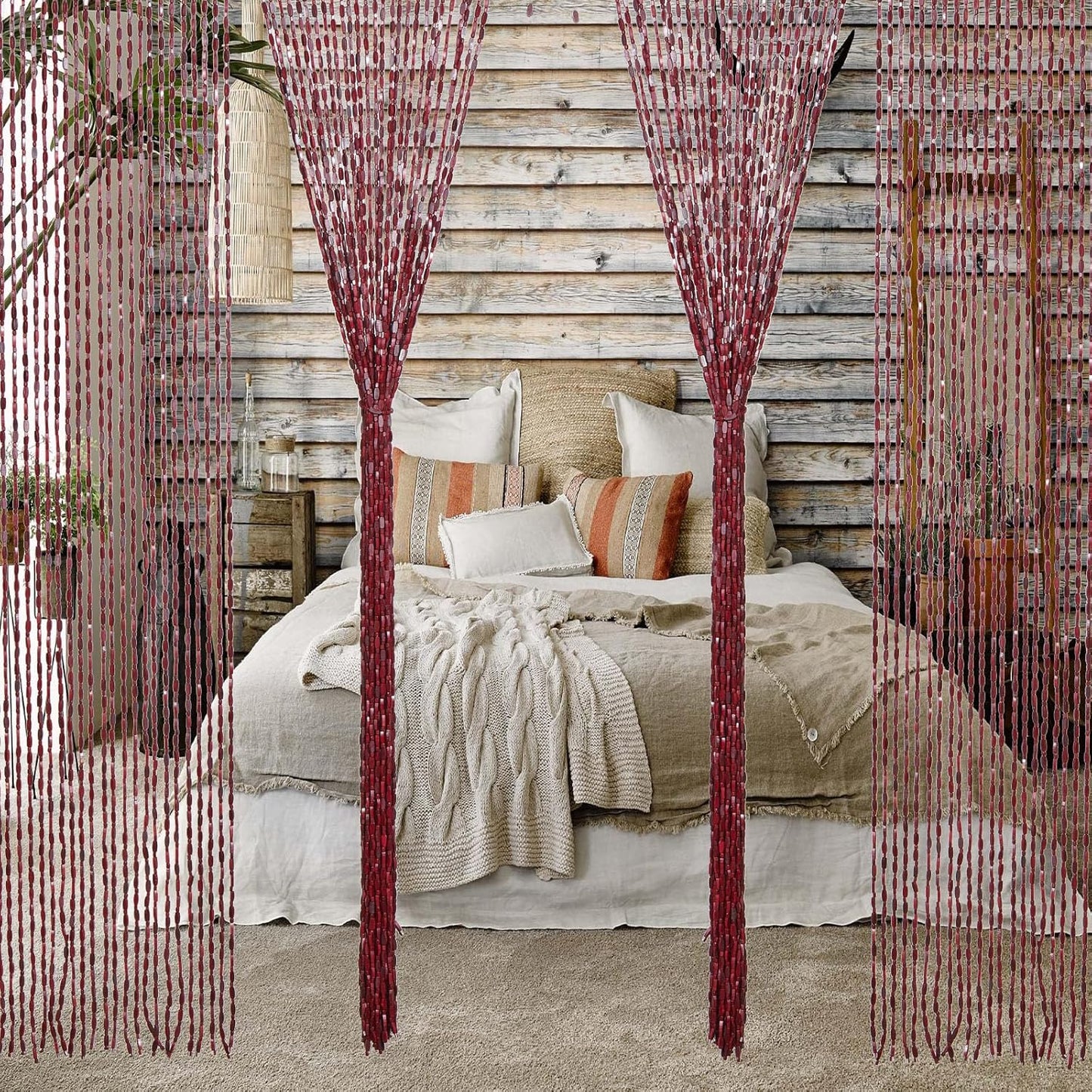 35.5" x 75" Bamboo and Wood Beaded Curtain for Doorway 52 Strands Handmade Bohemian Door Beads Curtain Boho Hanging Room Divider for Bedroom Living Home Deco, Beige