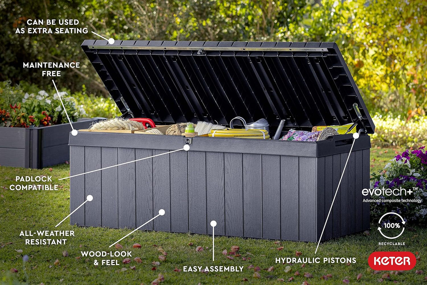 Keter Darwin 100 Gallon Resin Deck Box - Outdoor Storage for Furniture, Cushions & Tools | Grey & Black