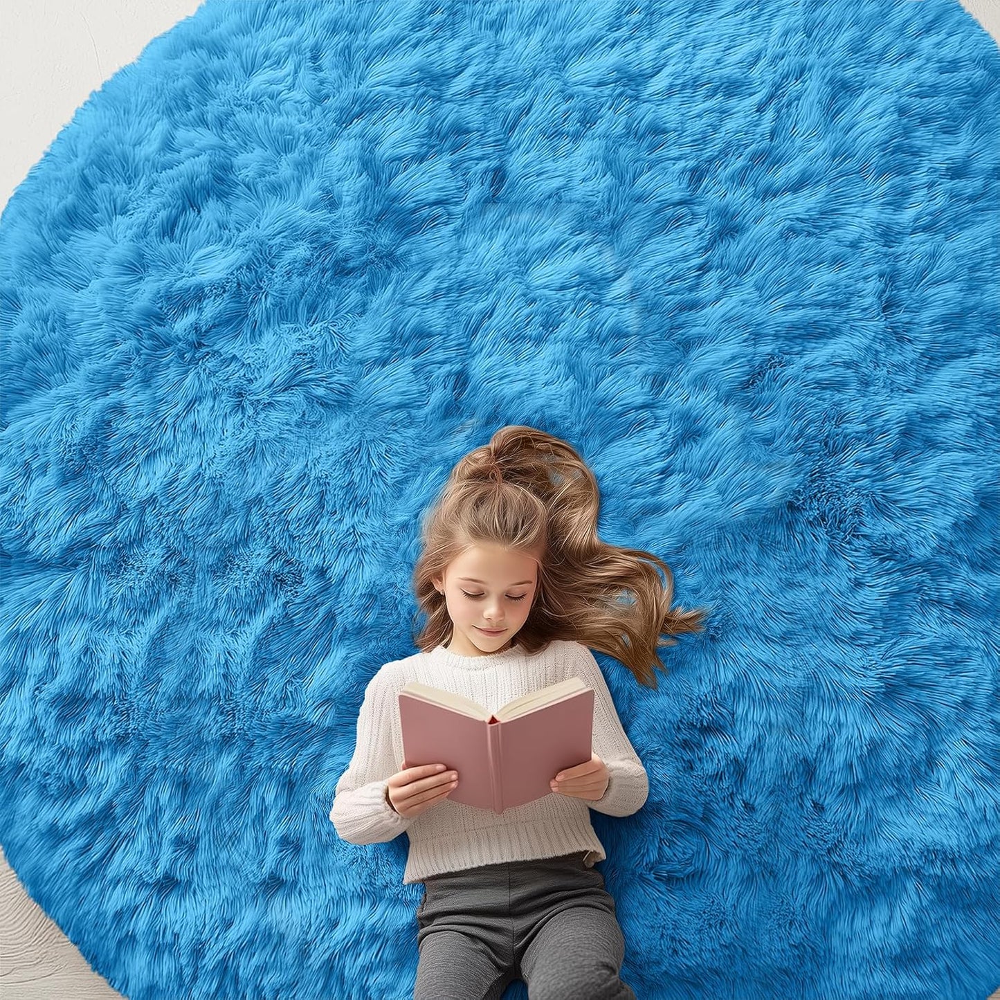 OLANLY Bright Blue Round Rug - Soft, Fluffy Shaggy Carpet for Bedroom | 8 ft Circle Area Rug for Home Decor