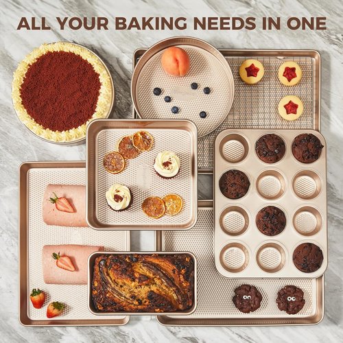 HONGBAKE 9-Piece Nonstick Baking Pans Set - Stackable, Non-Toxic Bakeware with Diamond Texture | Gold