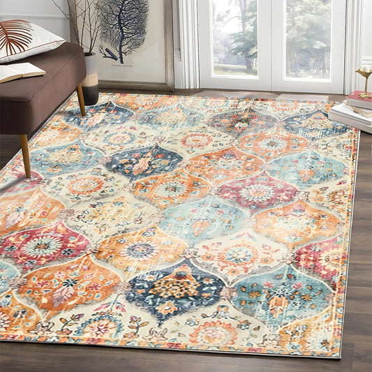 Moroccan 6'x9' Area Rugs for Living Room, Large Washable Low Pile Stain Resistant Soft Carpet, Oriental Trellis Ultra-Thin Bedroom Rug for Dining Room Office Table Apartment(Cream, 6X9FT)